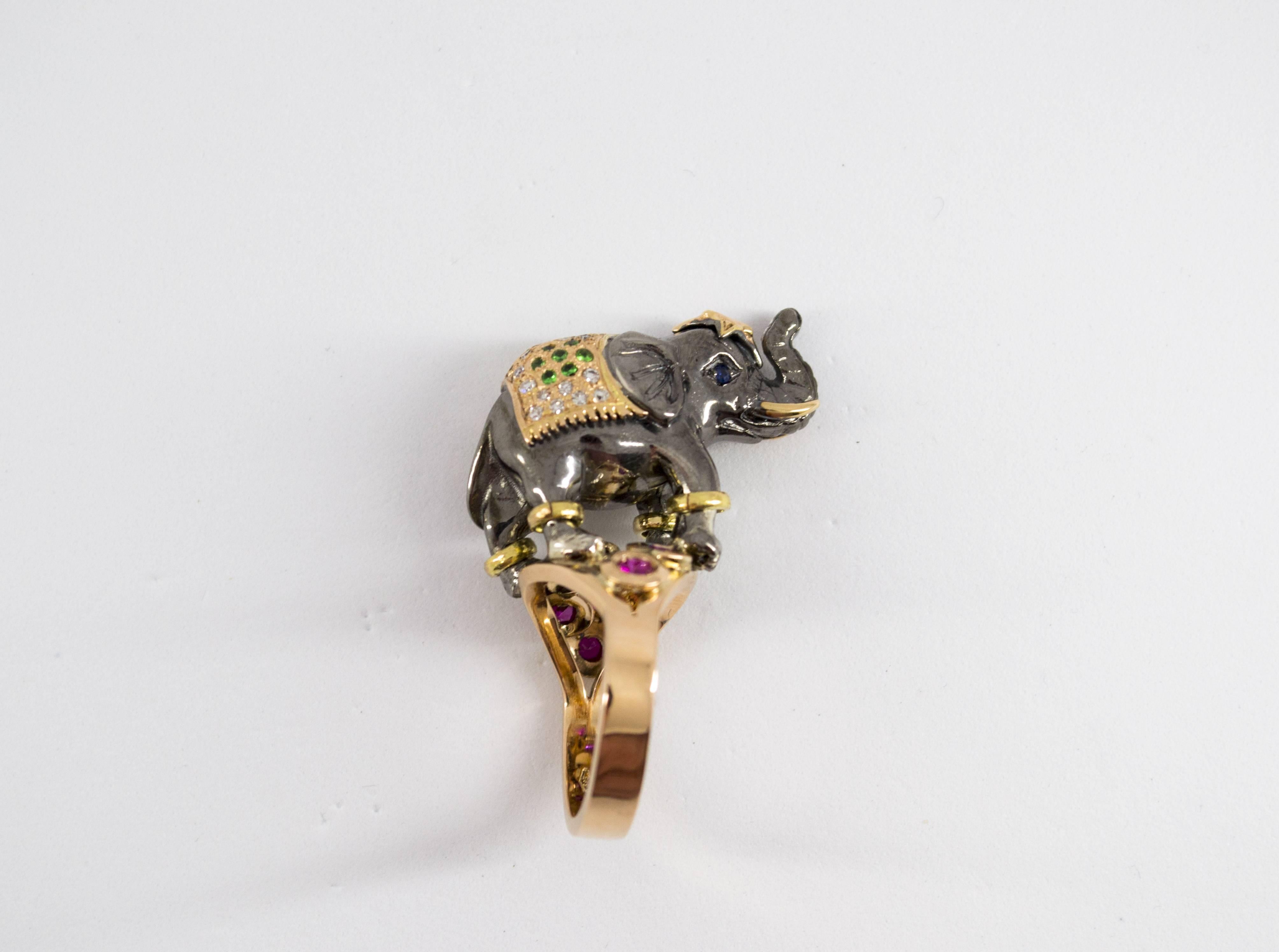 Ruby Tsavorite Diamond Yellow Gold Elephant Cocktail Ring 10