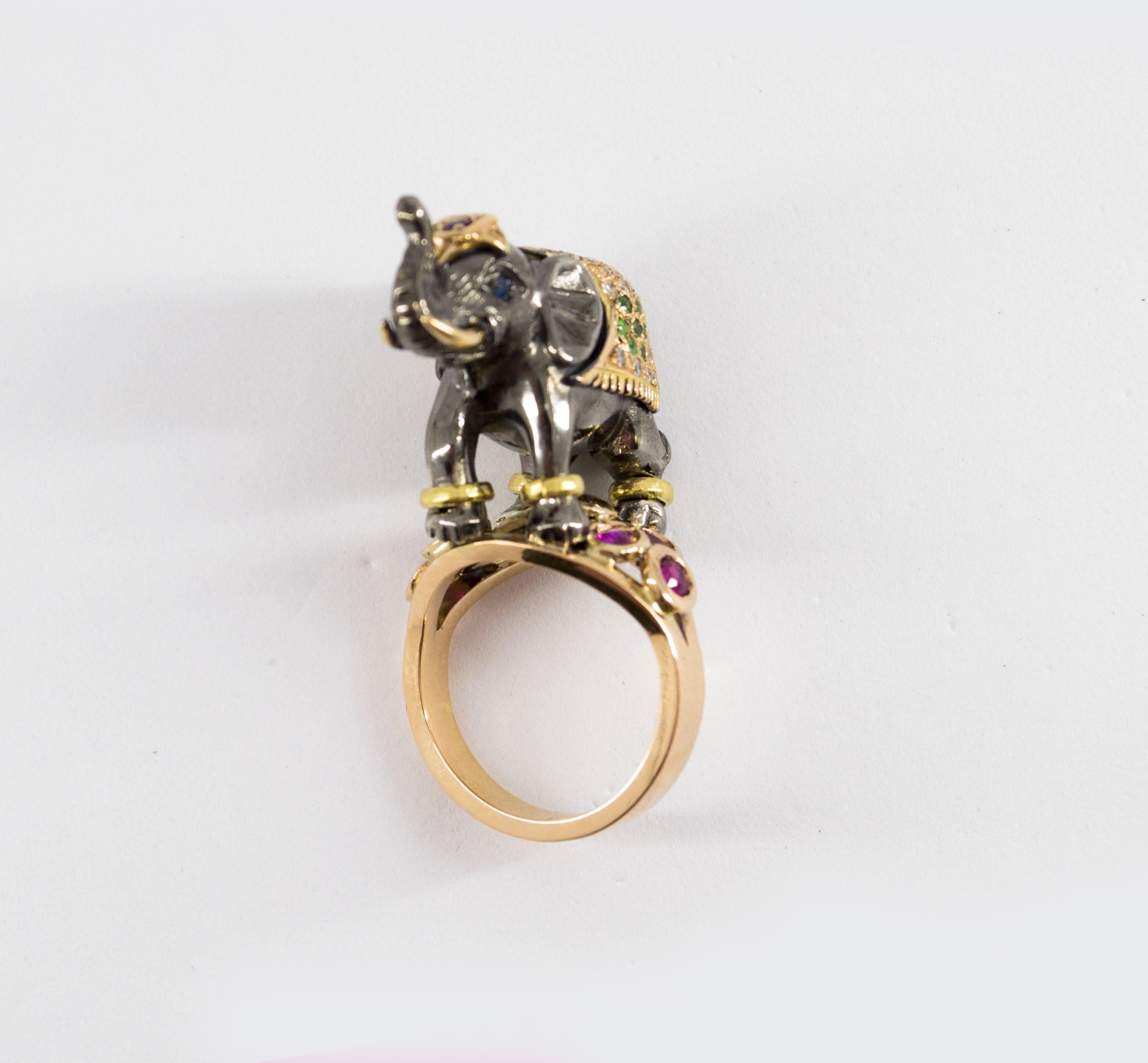 Ruby Tsavorite Diamond Yellow Gold Elephant Cocktail Ring 11