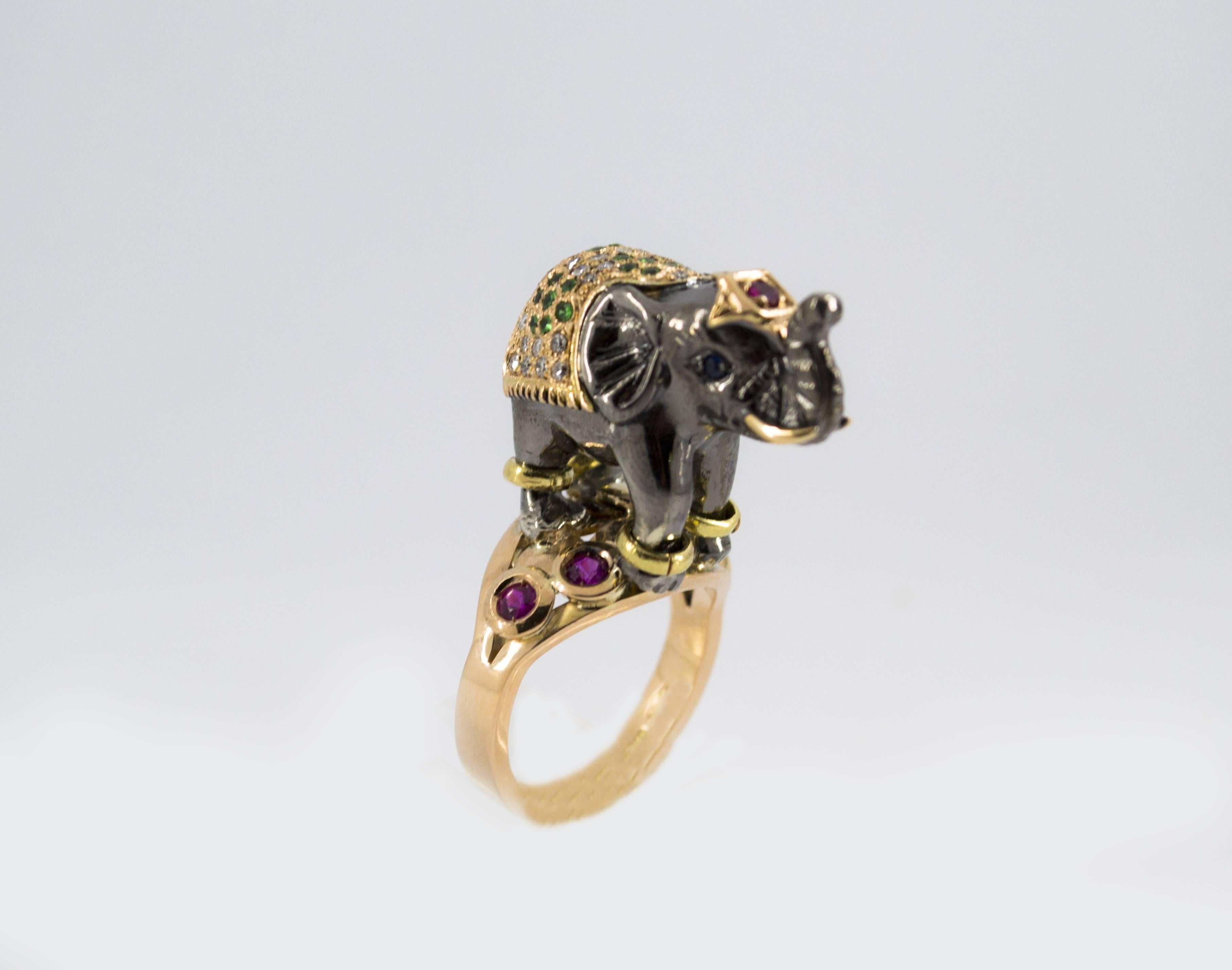 Renaissance Ruby Tsavorite Diamond Yellow Gold Elephant Cocktail Ring