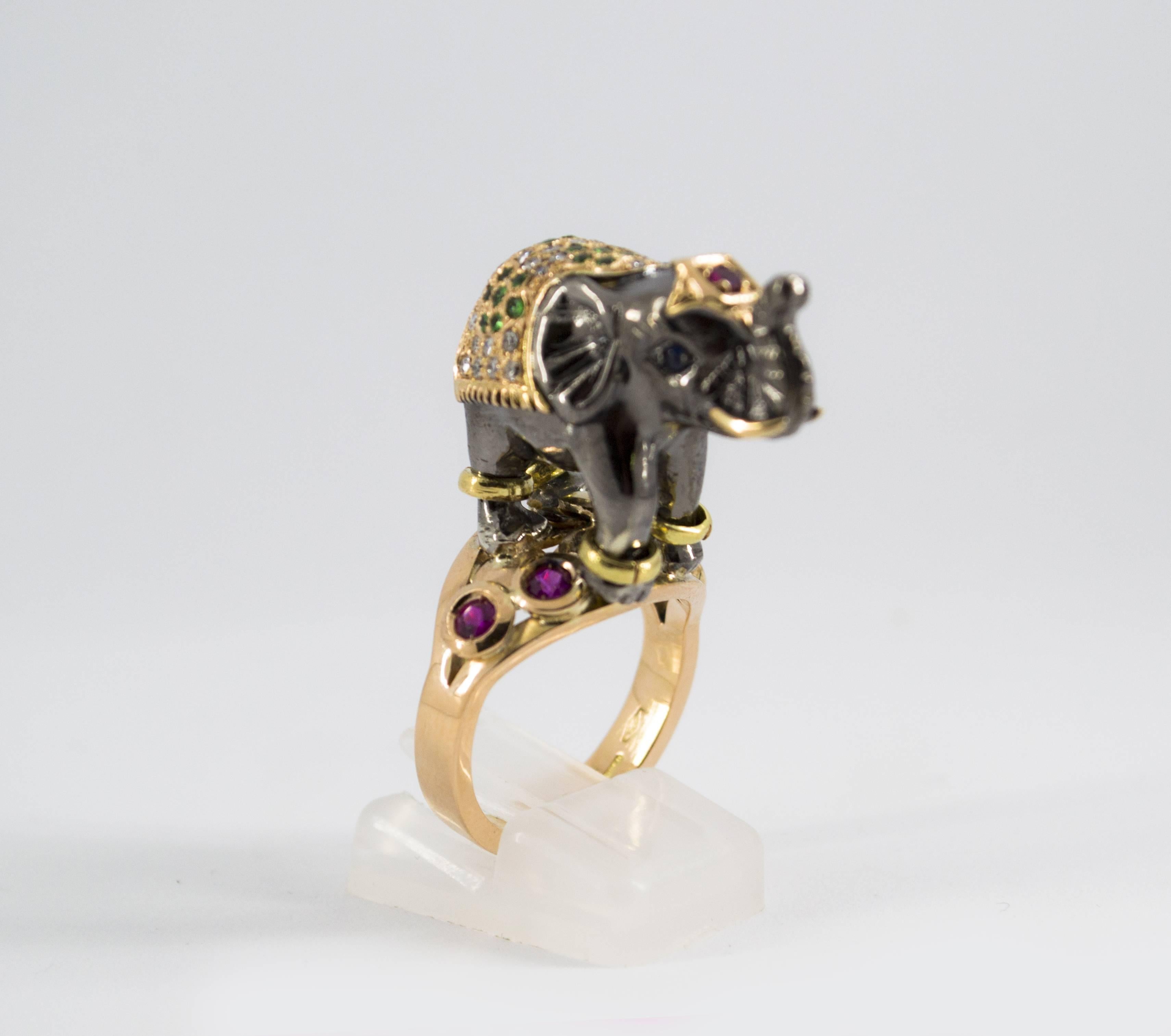 Women's or Men's Ruby Tsavorite Diamond Yellow Gold Elephant Cocktail Ring