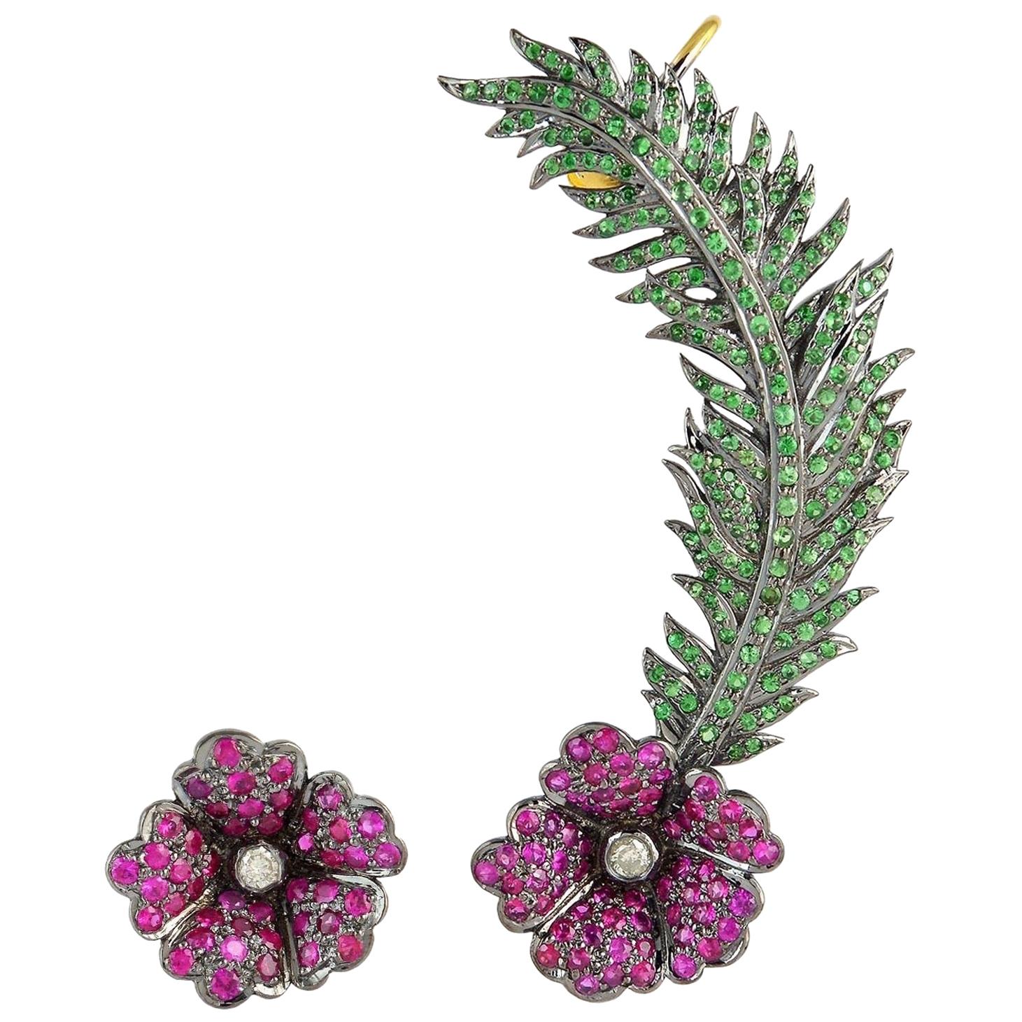 Ruby Tsavorite Floral Diamond Ear Cuff Earrings For Sale