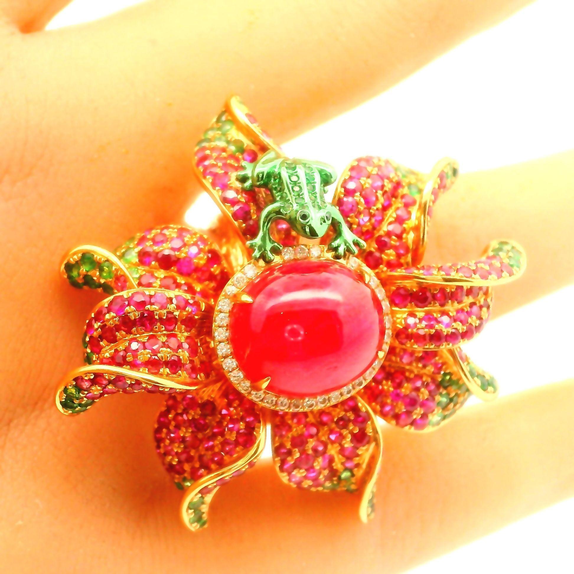 Ruby Tsavorite-Garnet Diamond 18k Rose Gold Floral-Frog Cocktail Ring In New Condition For Sale In Beverly Hills, CA