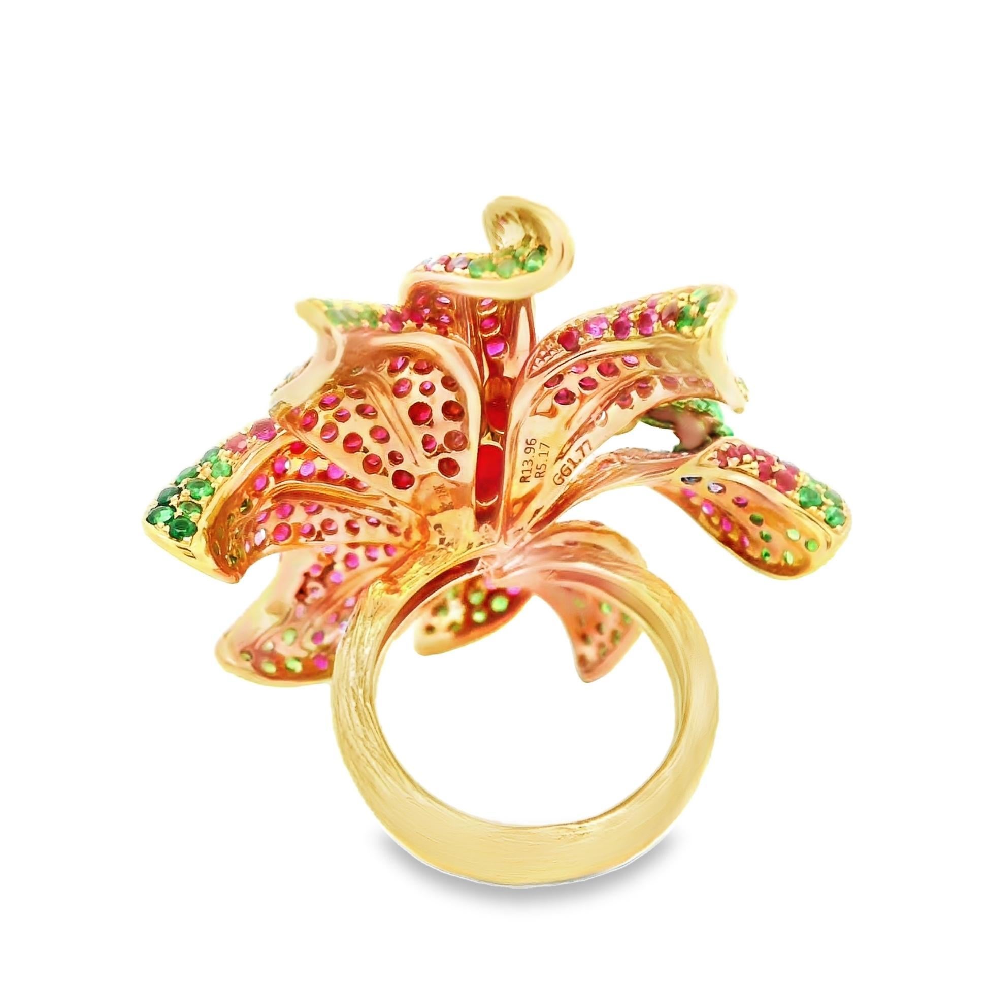 Women's Ruby Tsavorite-Garnet Diamond 18k Rose Gold Floral-Frog Cocktail Ring For Sale