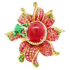 Ruby Tsavorite-Garnet Diamond 18k Rose Gold Floral-Frog Cocktail Ring