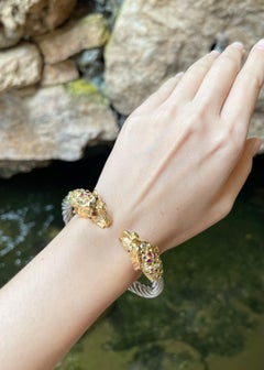 Ruby, Tsavorite, Sapphire, Diamond Elephant Bangle in Silver 925 and 18K Gold