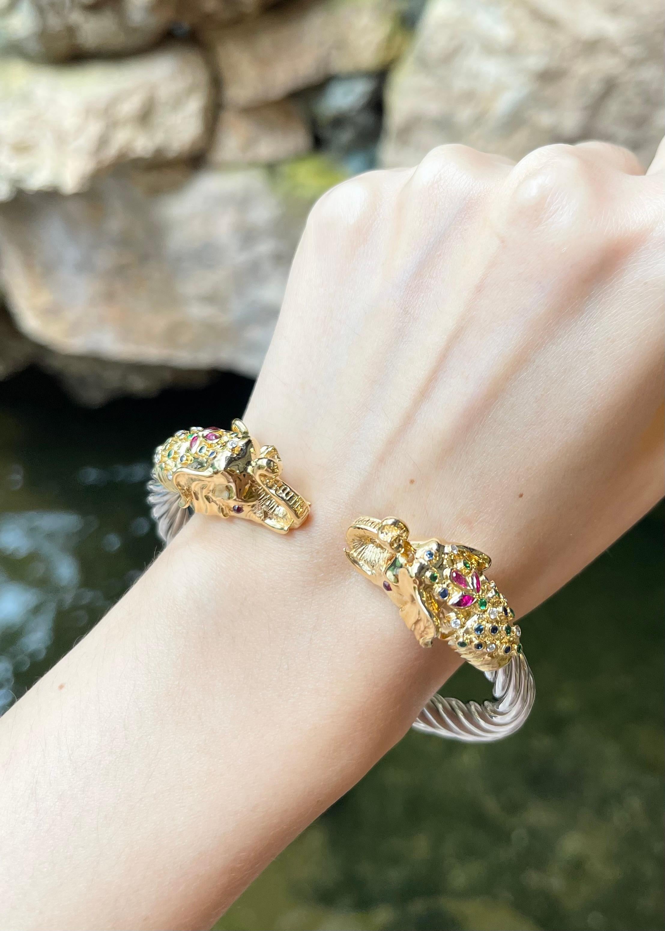 Bracciale Elefante con Rubino, Tsavorite, Zaffiro e Diamante in Argento 925 e Oro 18K In condizioni Nuovo in vendita a Bangkok, TH