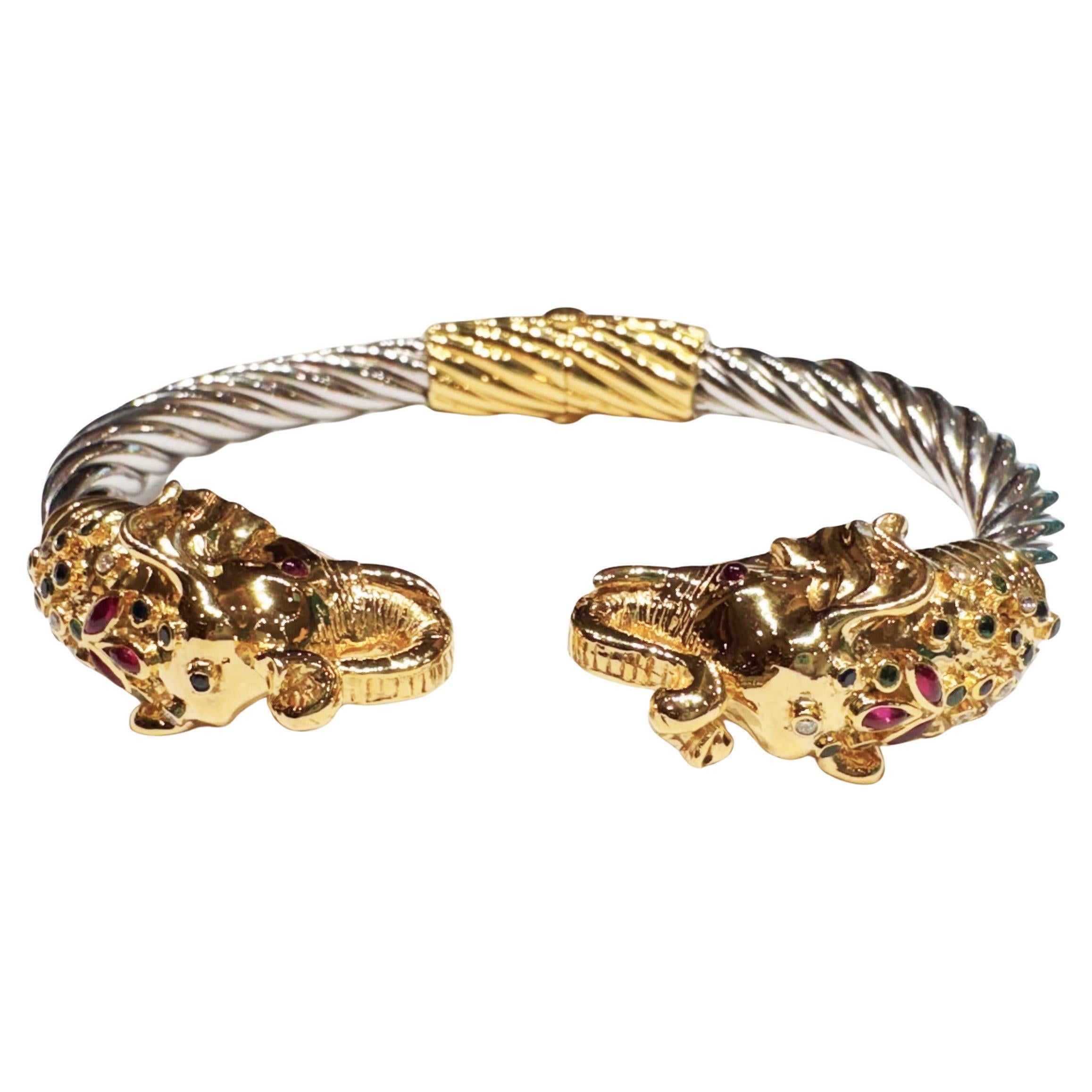 Ruby, Tsavorite, Sapphire, Diamond Elephant Bangle in Silver 925 and 18K Gold