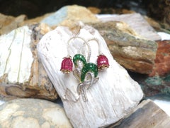 Ruby, Tsavorite with Diamond Flower Brooch Set in 18 Karat Gold Settings