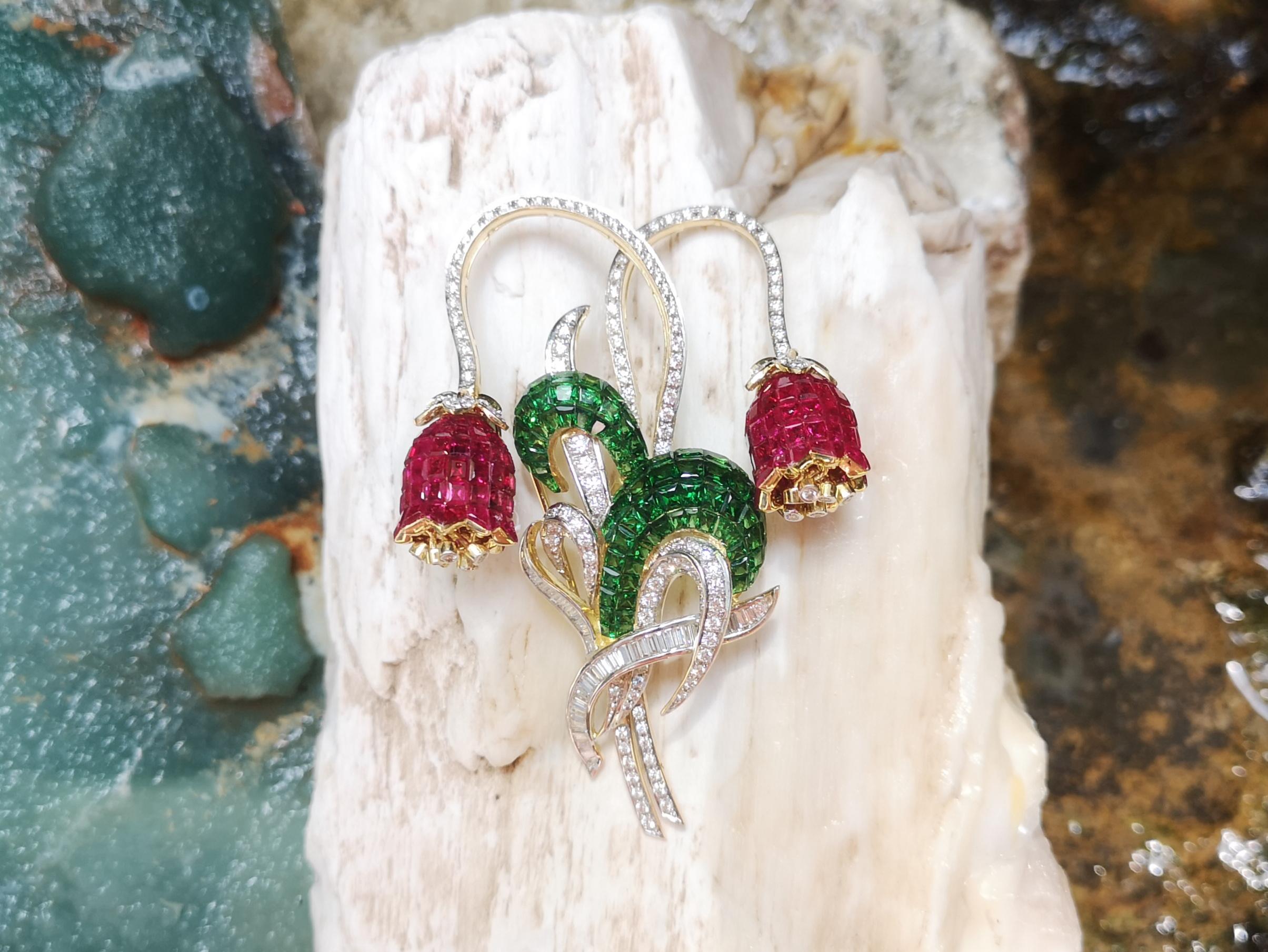 Contemporary Ruby, Tsavorite with Diamond Flower Brooch Set in 18 Karat Gold Settings For Sale