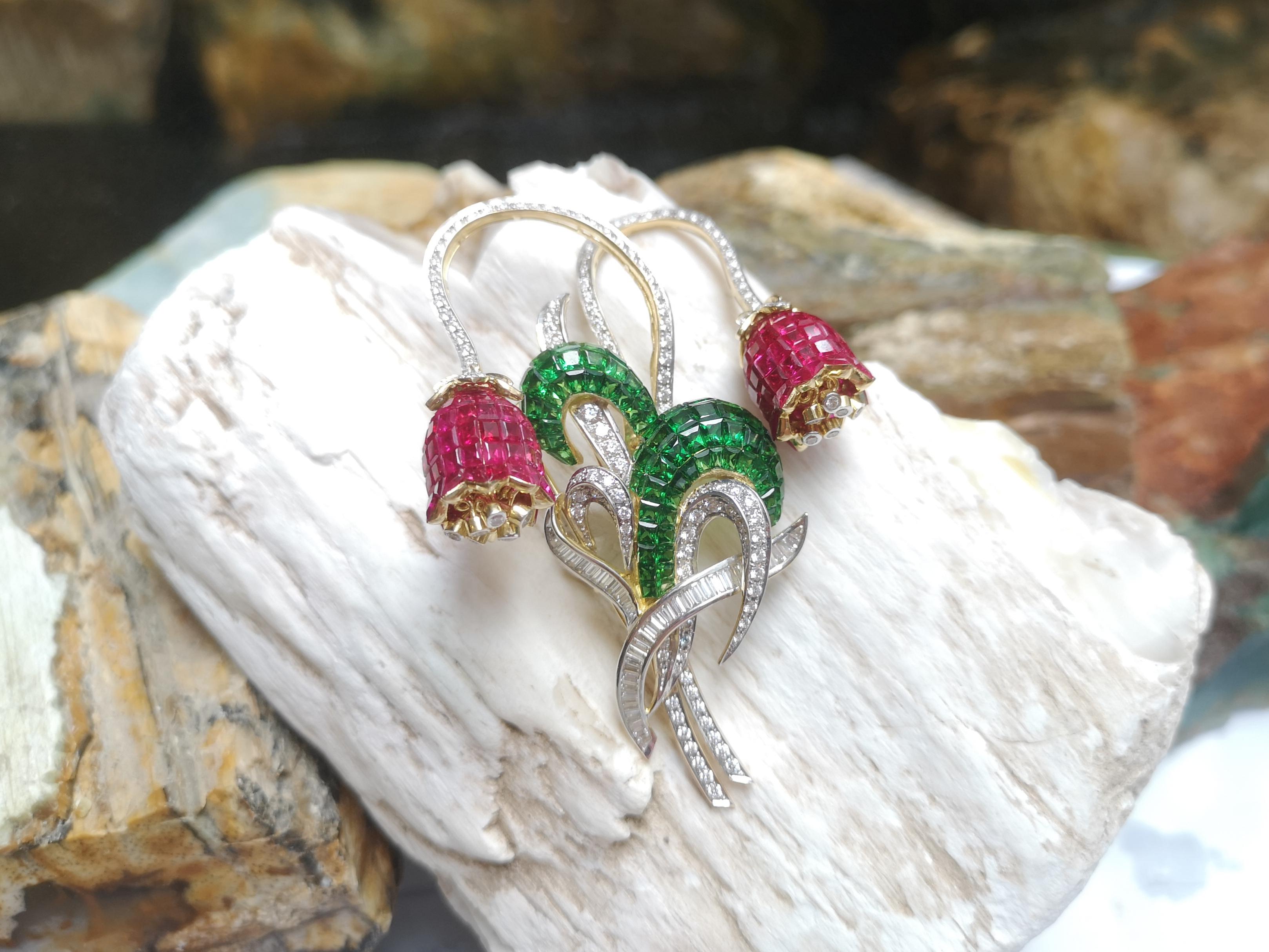 Mixed Cut Ruby, Tsavorite with Diamond Flower Brooch Set in 18 Karat Gold Settings For Sale