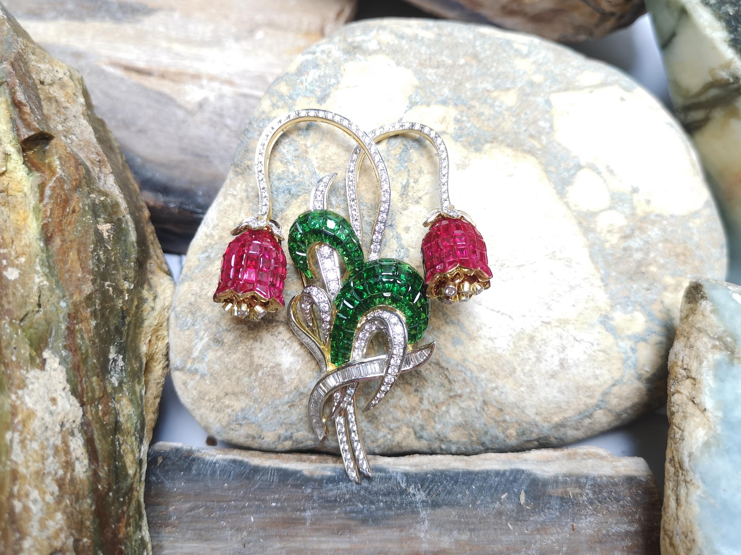 Women's Ruby, Tsavorite with Diamond Flower Brooch Set in 18 Karat Gold Settings For Sale