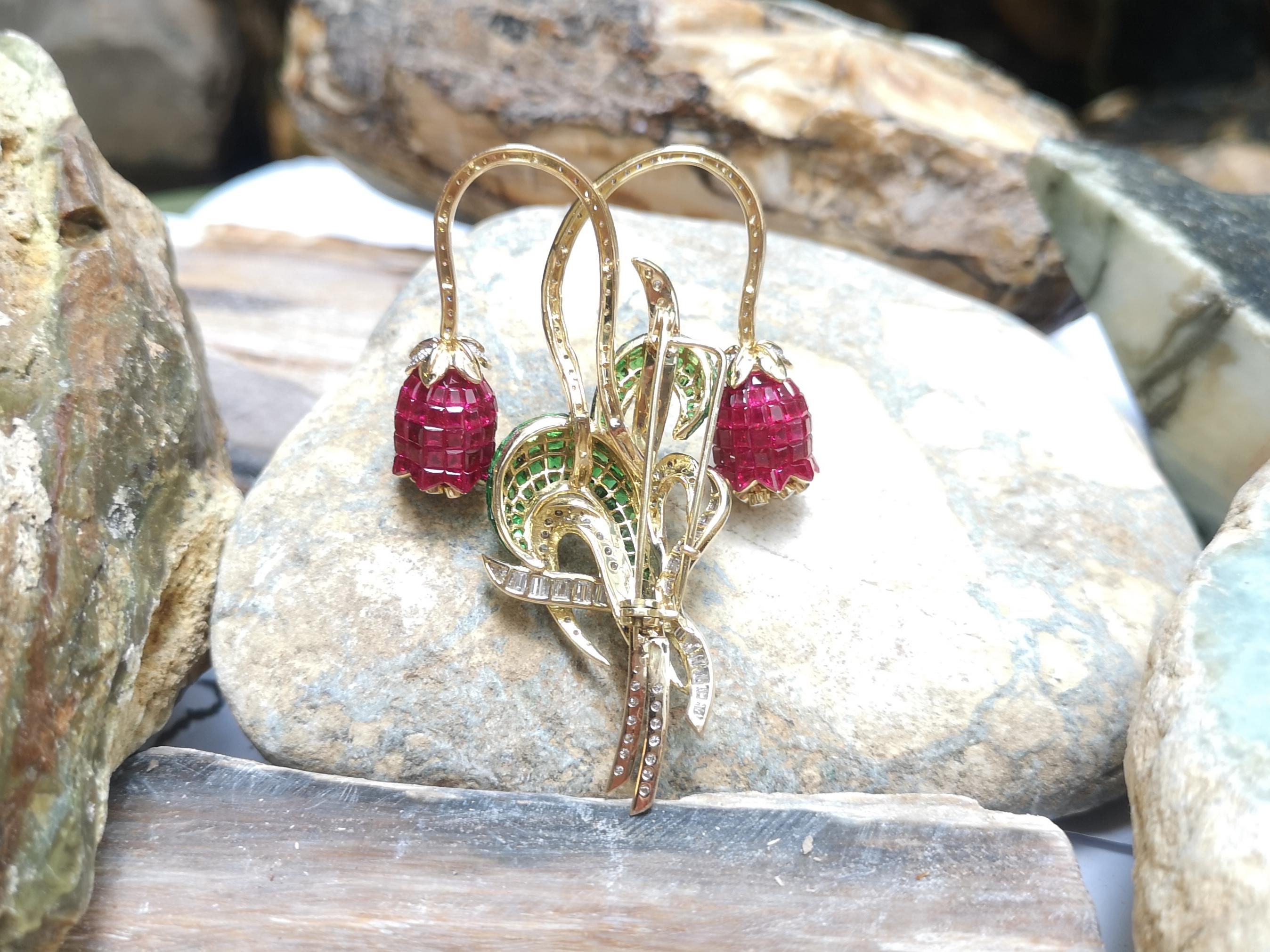 Ruby, Tsavorite with Diamond Flower Brooch Set in 18 Karat Gold Settings For Sale 3