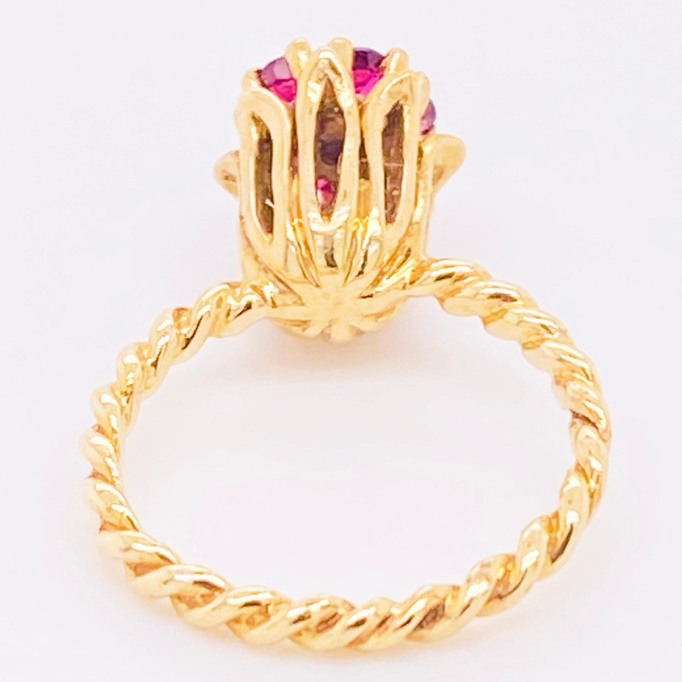 Retro Ruby Tulip Ring, Flower Ring, Natural Ruby, Rope Band, 6 Ruby Cluster Rubies