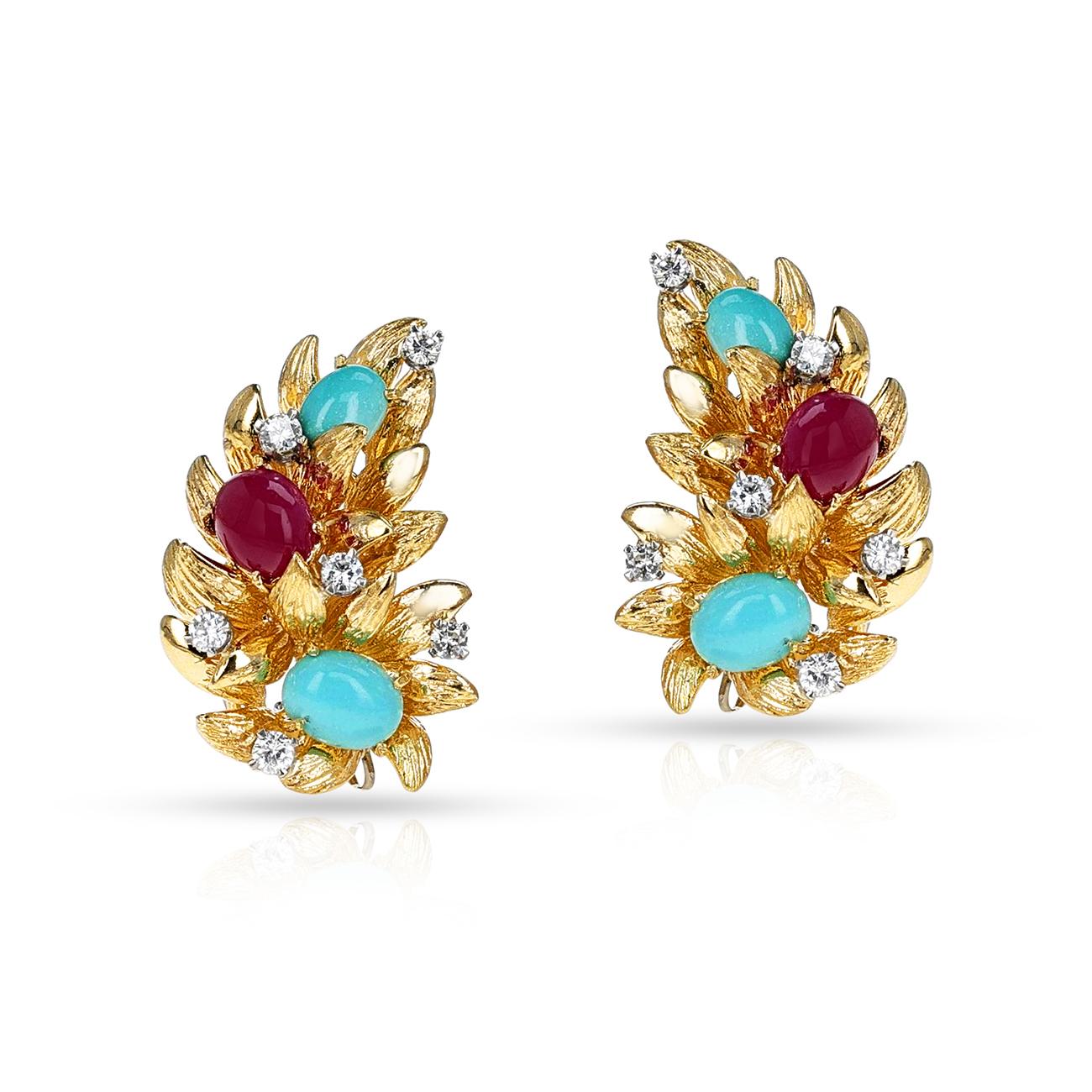 Cabochon Ruby, Turquoise and Diamond Gold Leaf Earrings, 18k For Sale