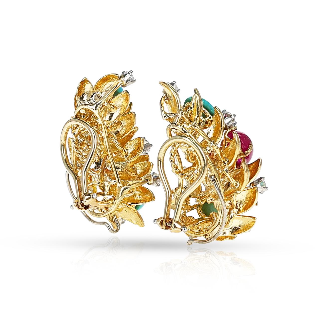 Rubin-, Türkis- und Diamant-Ohrringe aus Blattgold, 18k für Damen oder Herren