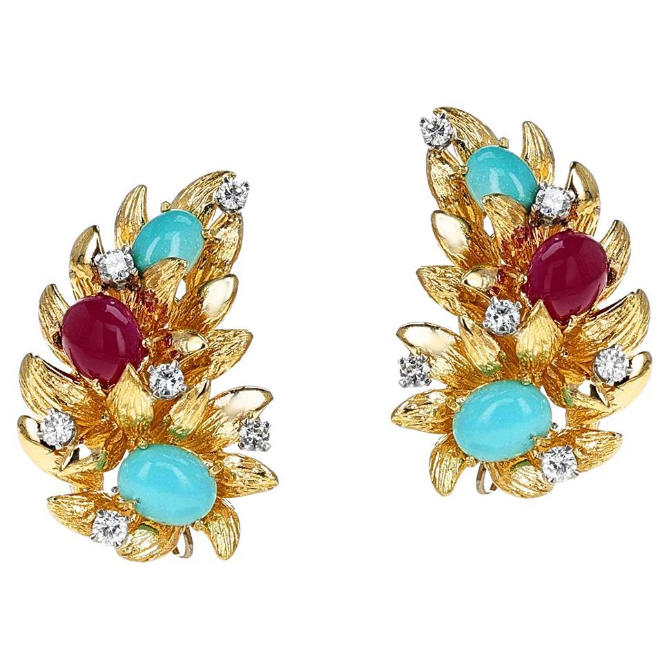 Ruby, Turquoise and Diamond Gold Leaf Earrings, 18k For Sale