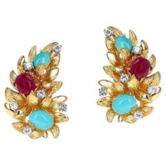 Boucles d'oreilles feuille en or 18 carats, rubis, turquoises et diamants