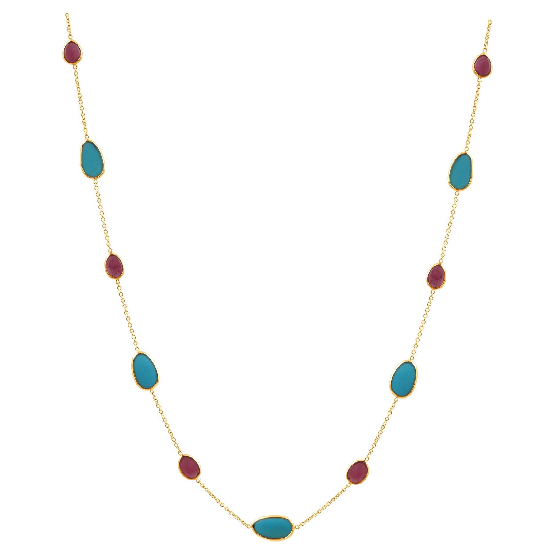 Ruby & Turquoise Unshape Necklace In 18K Yellow Gold For Sale