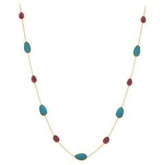 Used Ruby & Turquoise Unshape Necklace In 18K Yellow Gold