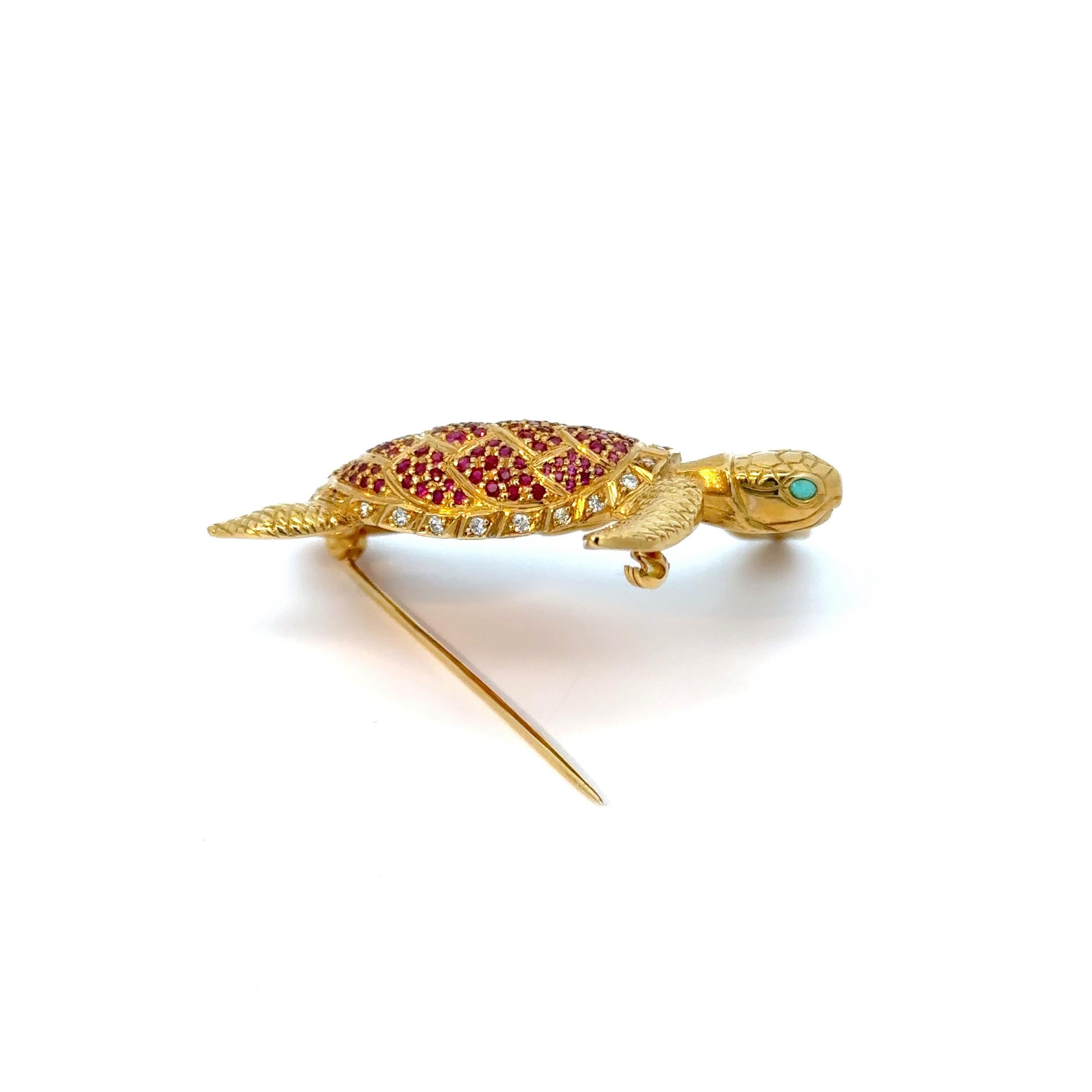 Round Cut Ruby Turtle Brooch For Sale
