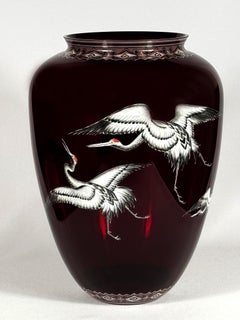 Ruby Vase Painted - Japanese Crane 20th century