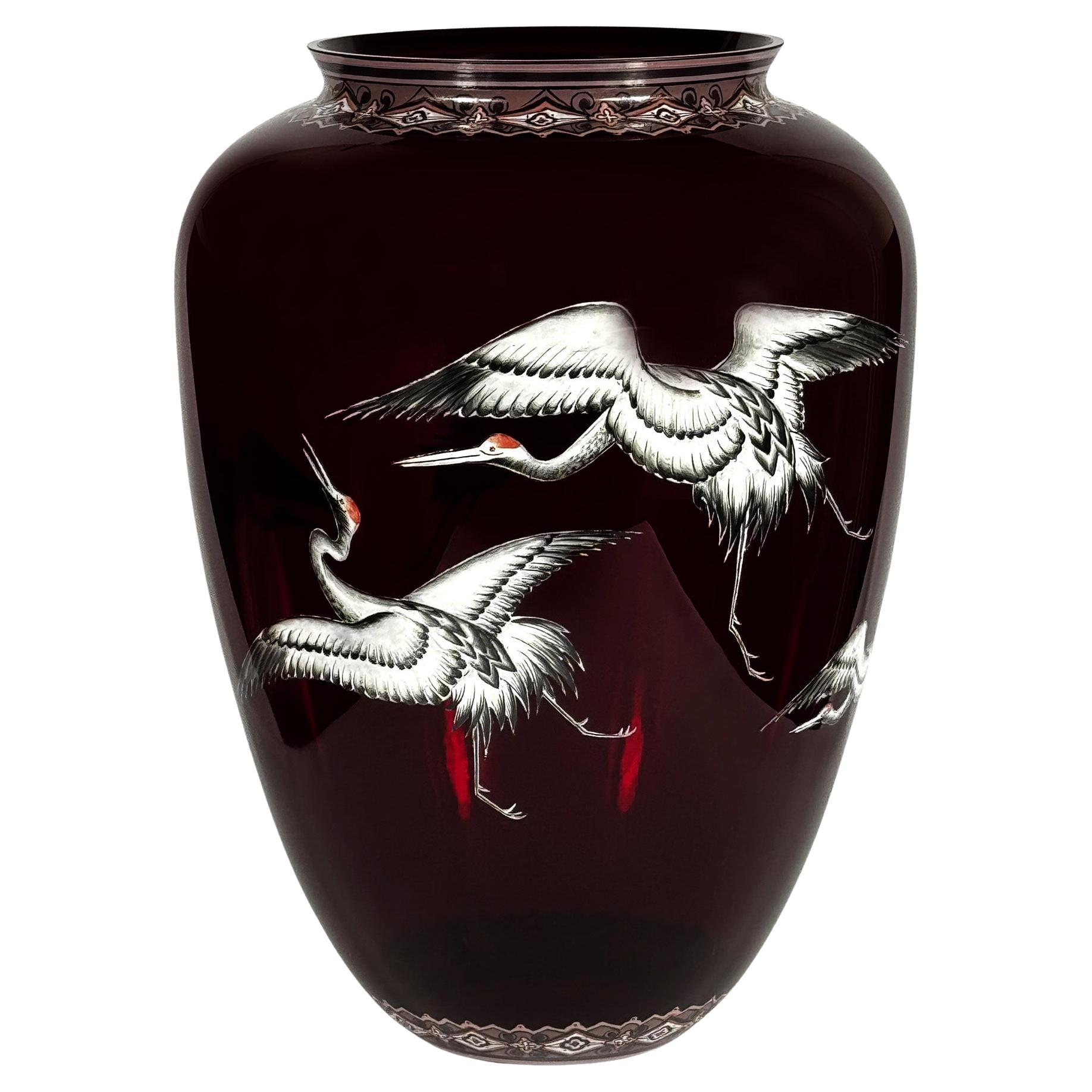 Vaso di rubino dipinto - Gru giapponese XX secolo