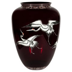 Vaso di rubino dipinto - Gru giapponese XX secolo