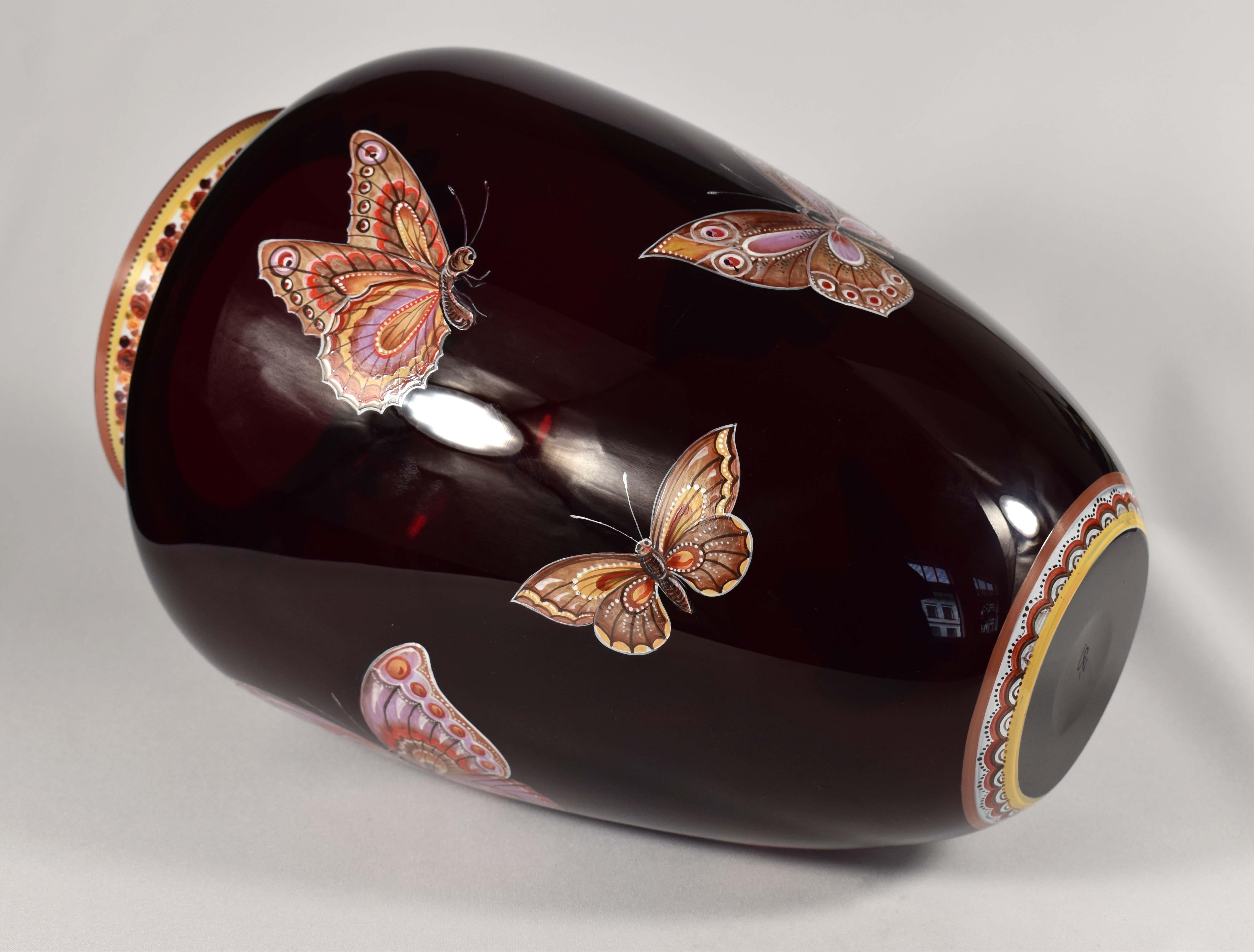 Ruby Vase with Butterflies, Hand-Painted, Studio Work. Art Glass For Sale 5
