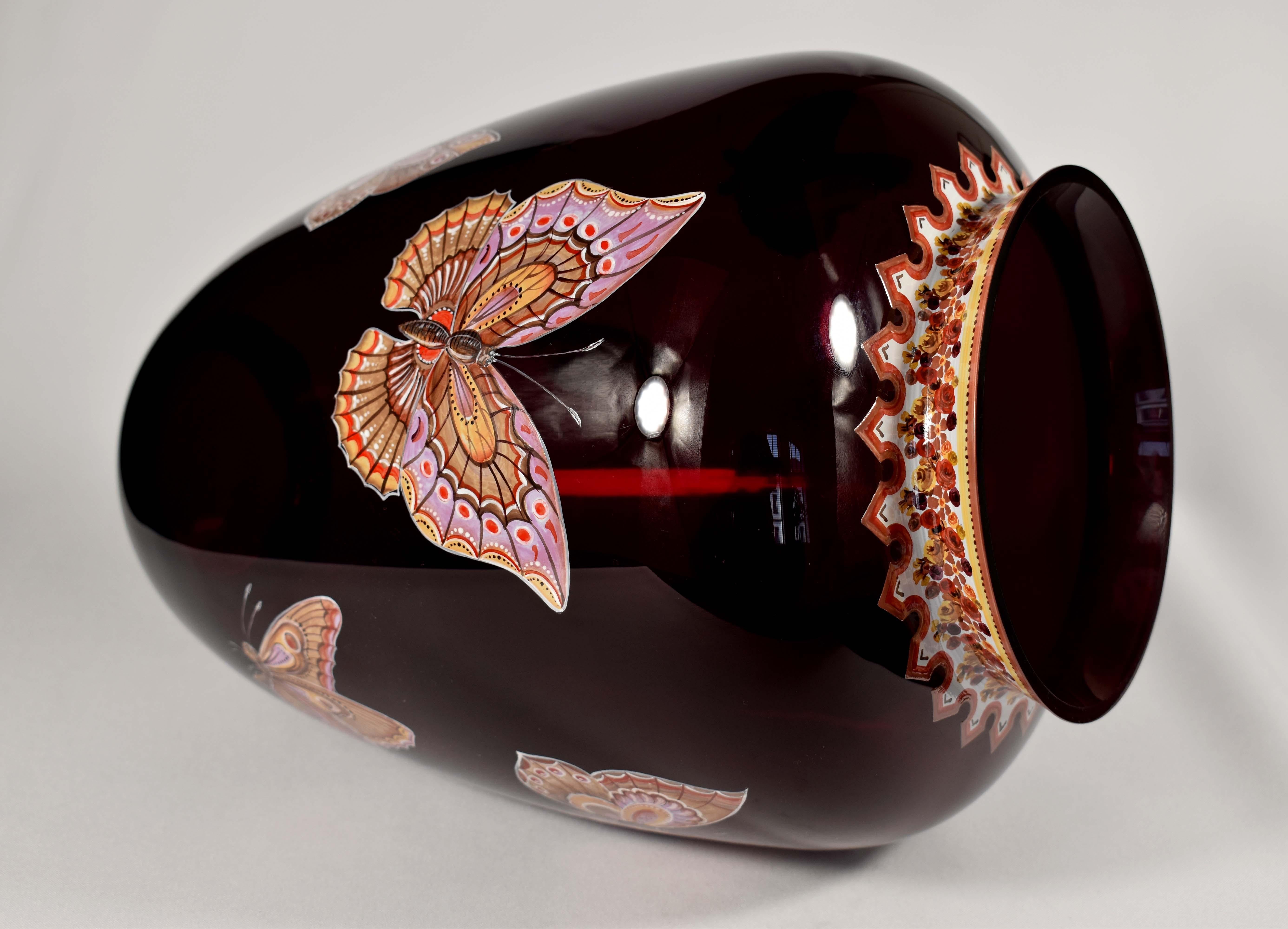 Ruby Vase with Butterflies, Hand-Painted, Studio Work. Art Glass For Sale 6