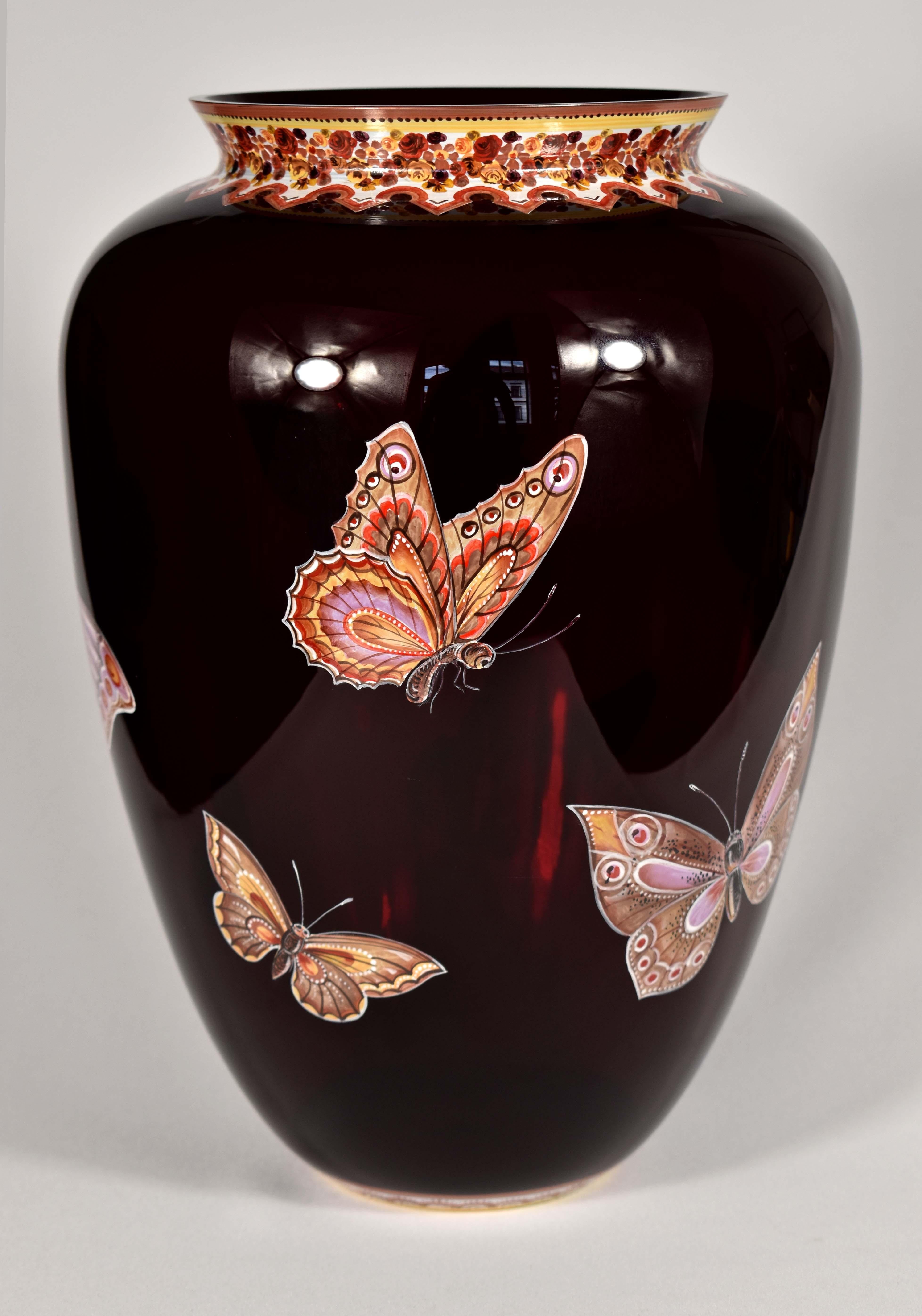 European Ruby Vase with Butterflies, Hand-Painted, Studio Work. Art Glass For Sale
