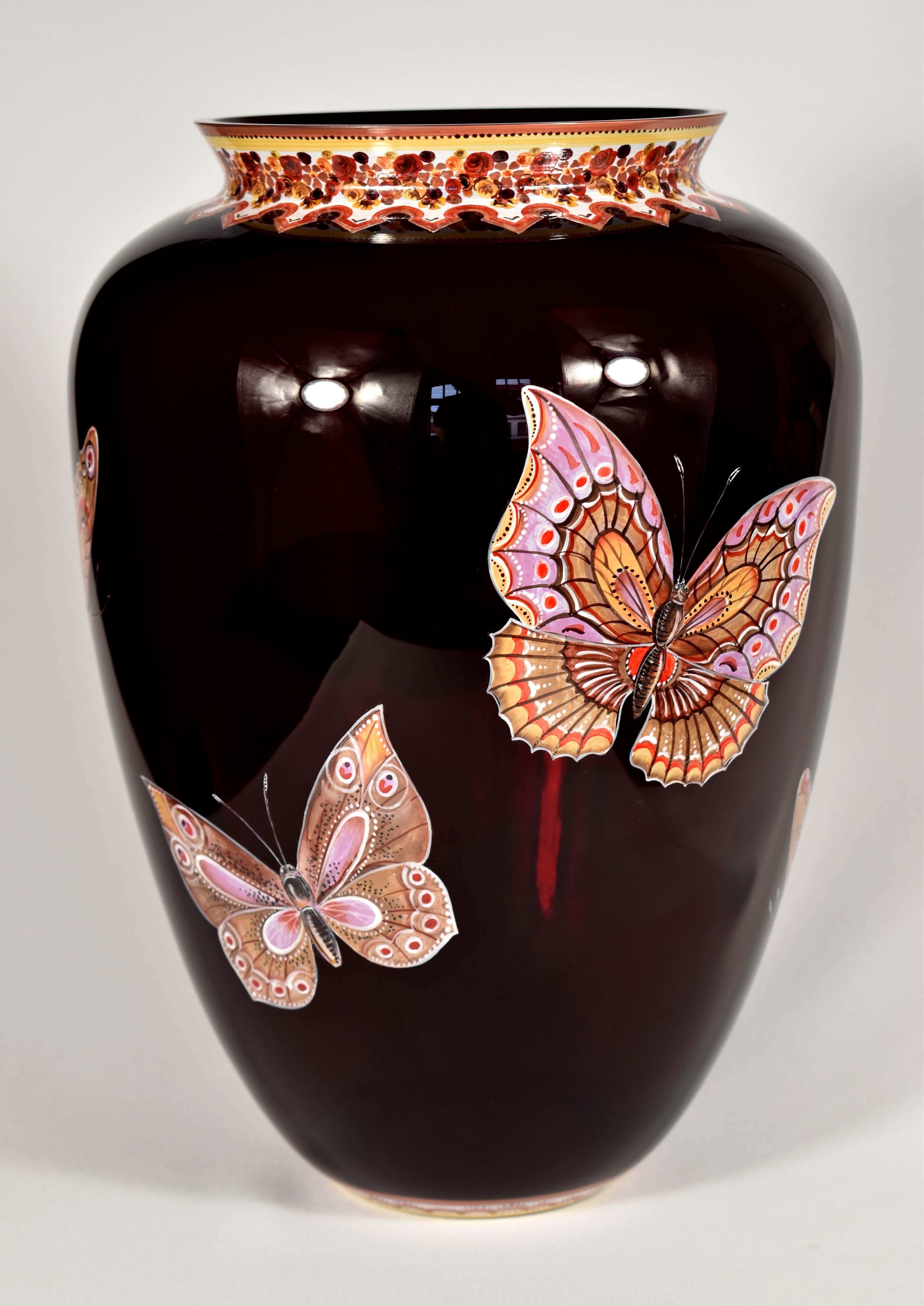 Hand-Crafted Ruby Vase with Butterflies, Hand-Painted, Studio Work. Art Glass For Sale