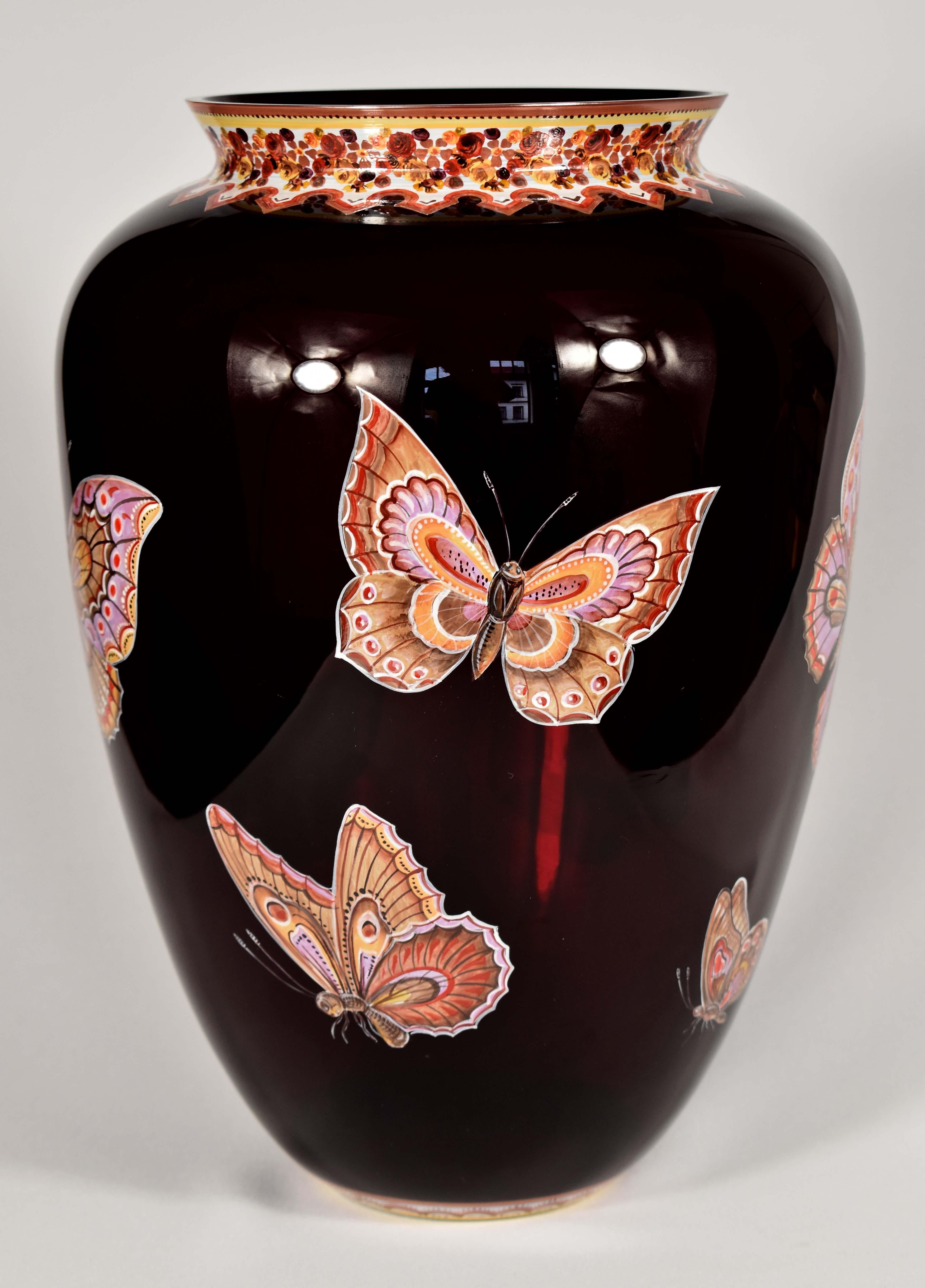 Ruby Vase with Butterflies, Hand-Painted, Studio Work. Art Glass In Good Condition For Sale In Nový Bor, CZ