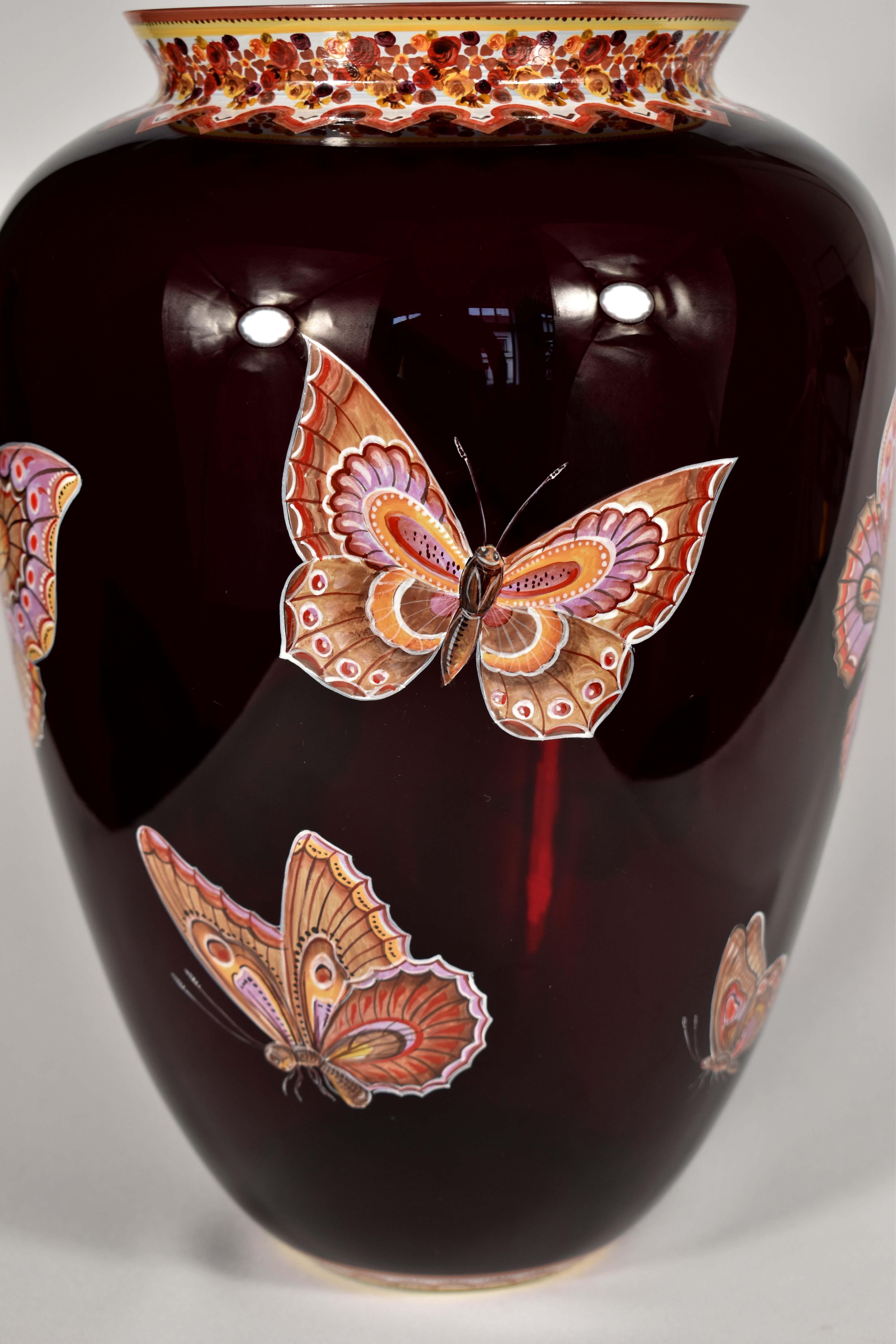 20th Century Ruby Vase with Butterflies, Hand-Painted, Studio Work. Art Glass For Sale