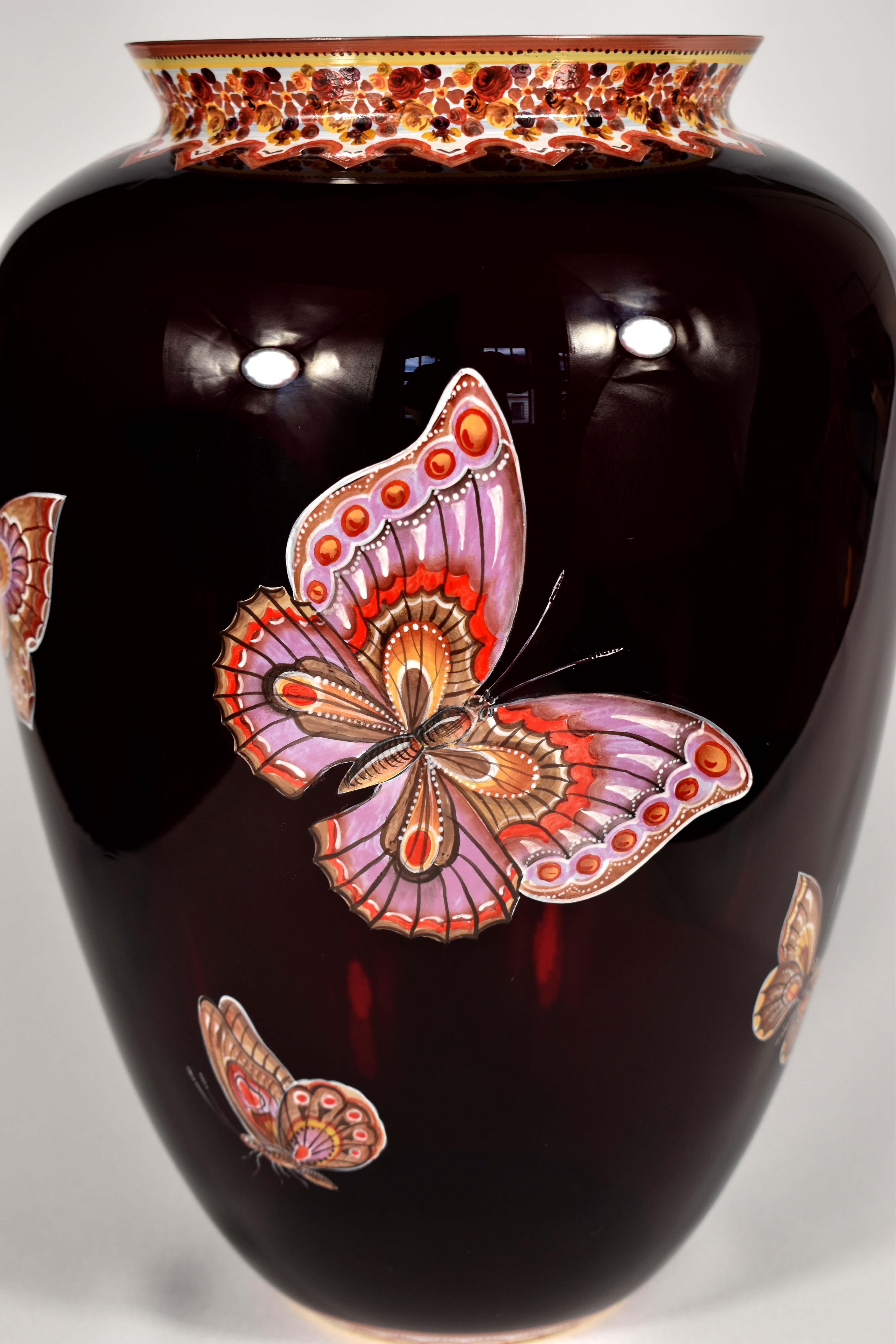 Ruby Vase with Butterflies, Hand-Painted, Studio Work. Art Glass For Sale 1