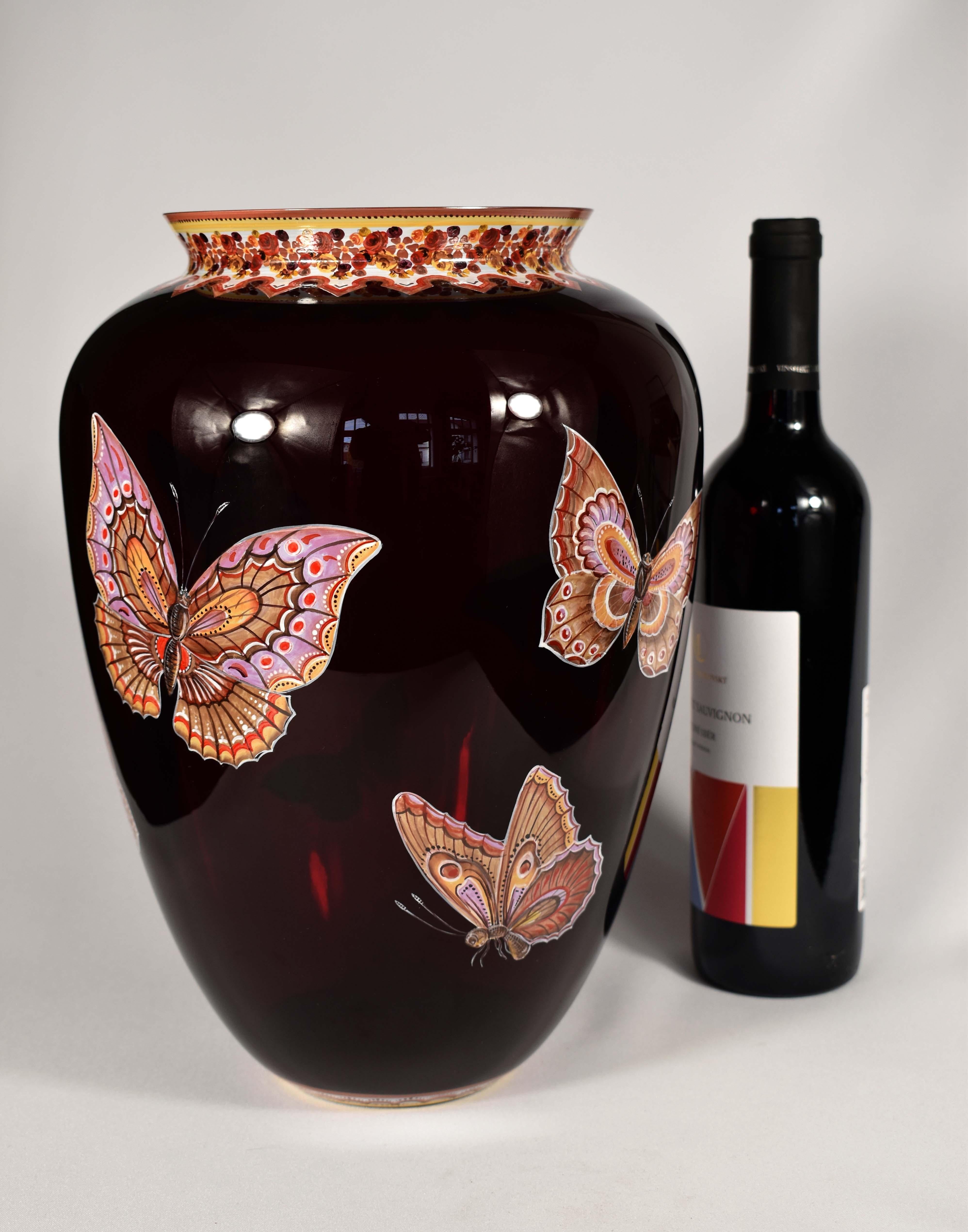 Ruby Vase with Butterflies, Hand-Painted, Studio Work. Art Glass For Sale 2