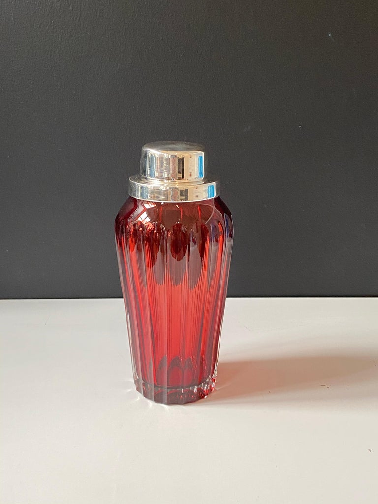 European Ruby Vintage Inspired Glass Martini Cocktail Shaker with Silver Plated Metal Lid For Sale