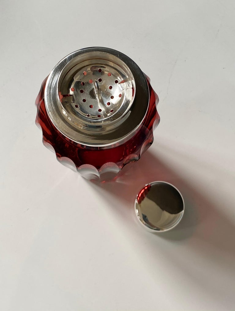 Contemporary Ruby Vintage Inspired Glass Martini Cocktail Shaker with Silver Plated Metal Lid For Sale