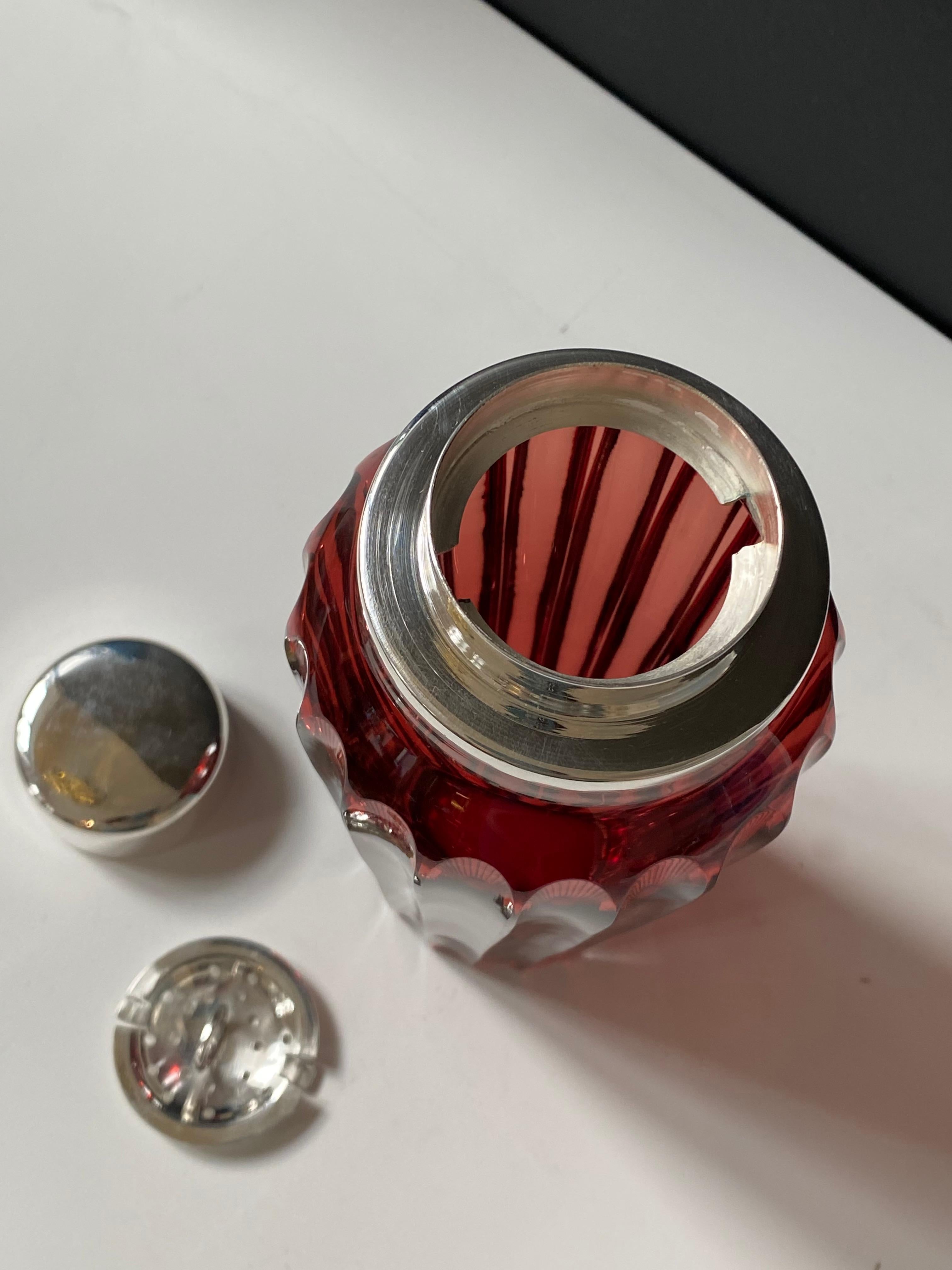 Contemporary Ruby Vintage Inspired Glass Martini Cocktail Shaker with Silver Plated Metal Lid