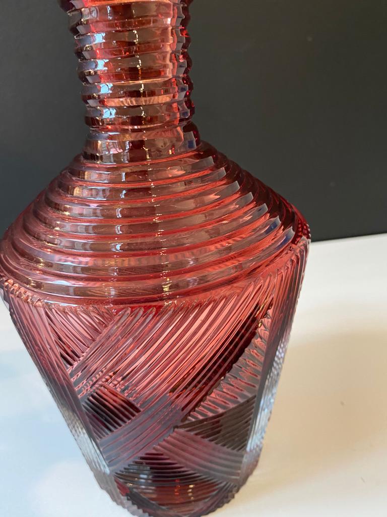 European Ruby Vintage Inspired Whiskey Carafe with Hand Carved Details