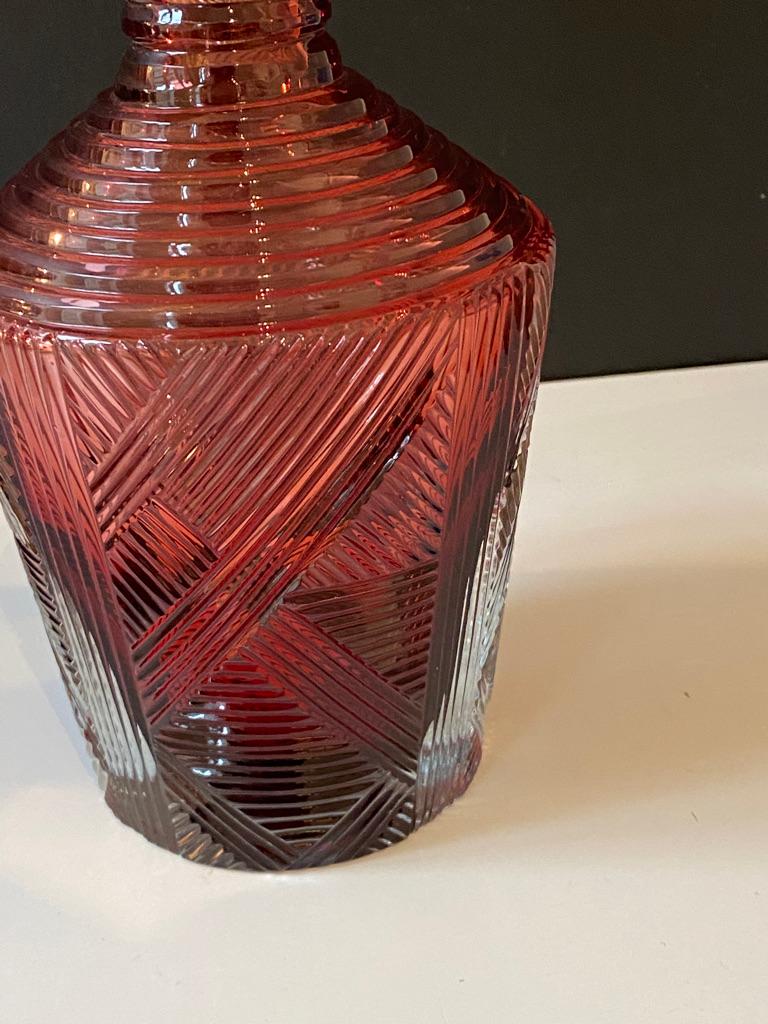 Contemporary Ruby Vintage Inspired Whiskey Carafe with Hand Carved Details