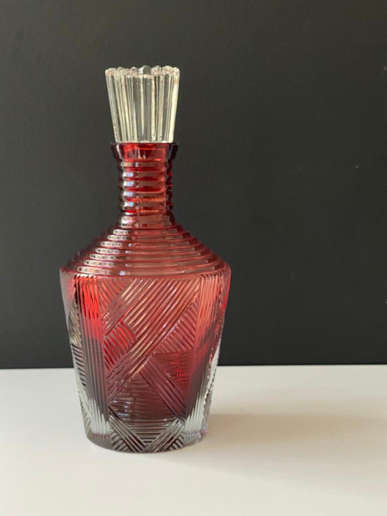 Blown Glass Ruby Vintage Inspired Whiskey Carafe with Hand Carved Details