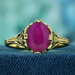 Ruby Vintage Style Filigree Solitaire Ring in Solid 14K Yellow Gold