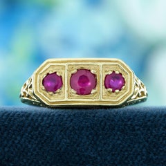 Ruby Vintage Style Three Stone  Ring in Solid 14K Yellow Gold