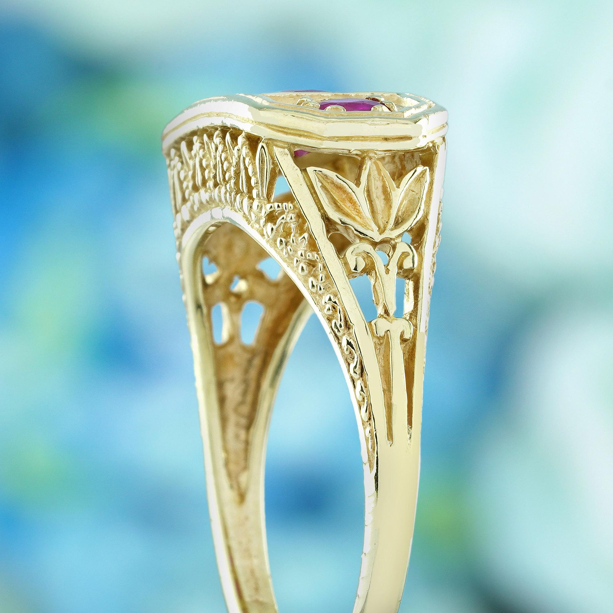 Rubis Style Vintage Trois Pierres  Bague en or jaune 14K massif Pour femmes en vente