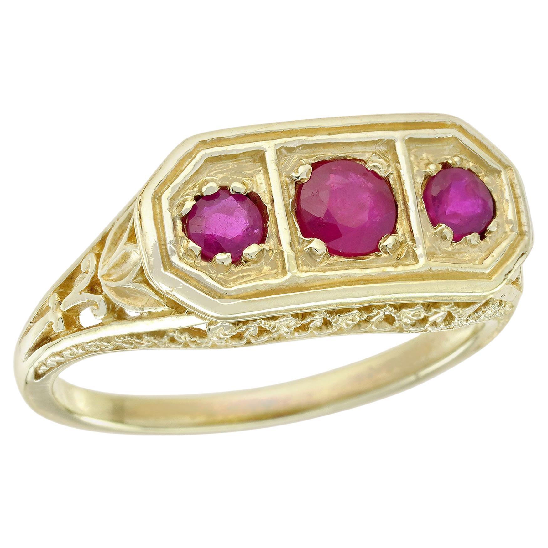 Ruby Vintage Style Three Stone  Ring in Solid 14K Yellow Gold