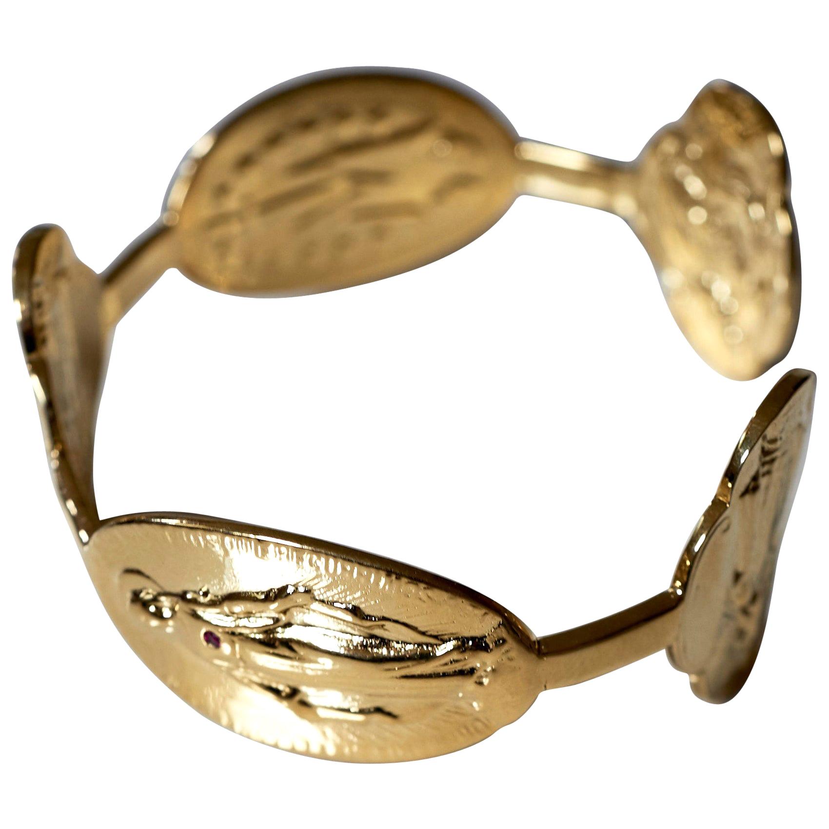 Brilliant Cut Ruby Virgin Mary Medal Bracelet Bangle Gold Vermeil J Dauphin For Sale