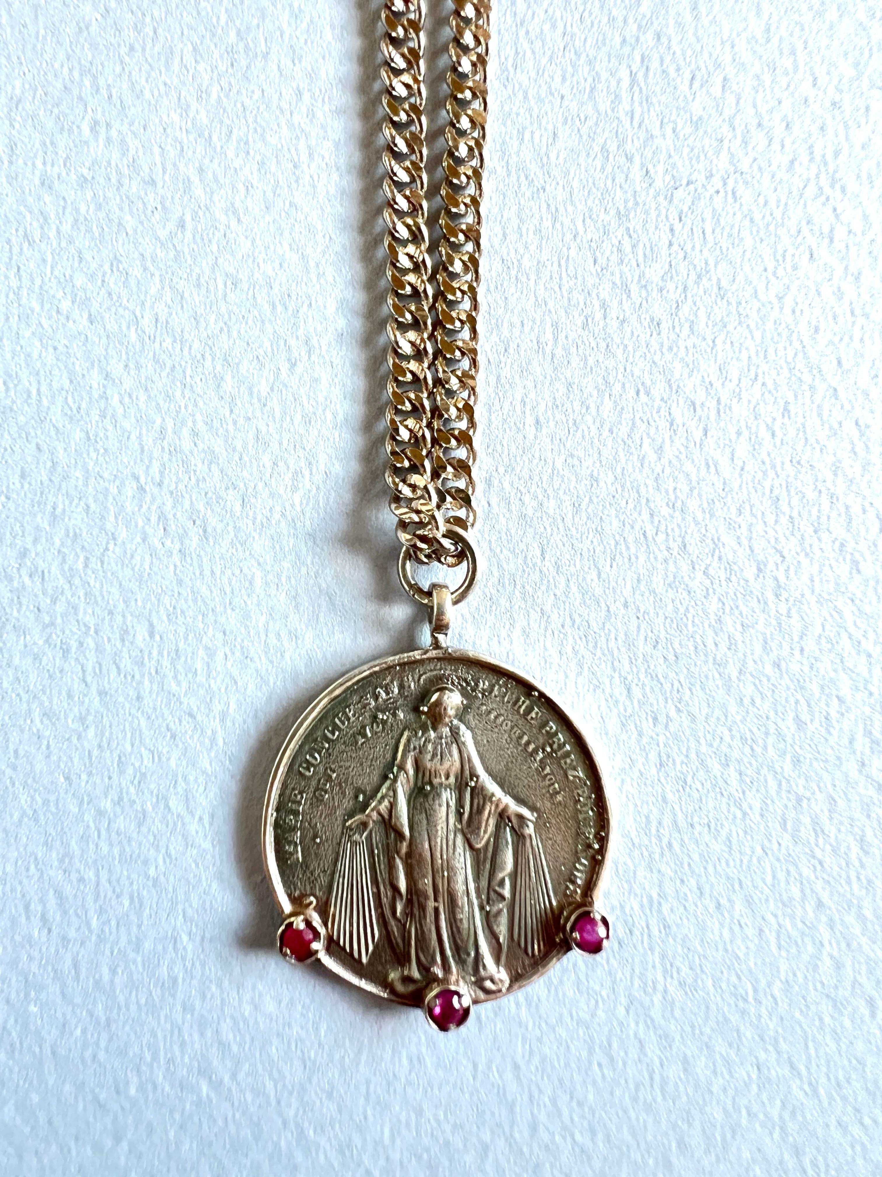Victorian Virgin Mary Medal Chain Necklace Ruby For Sale
