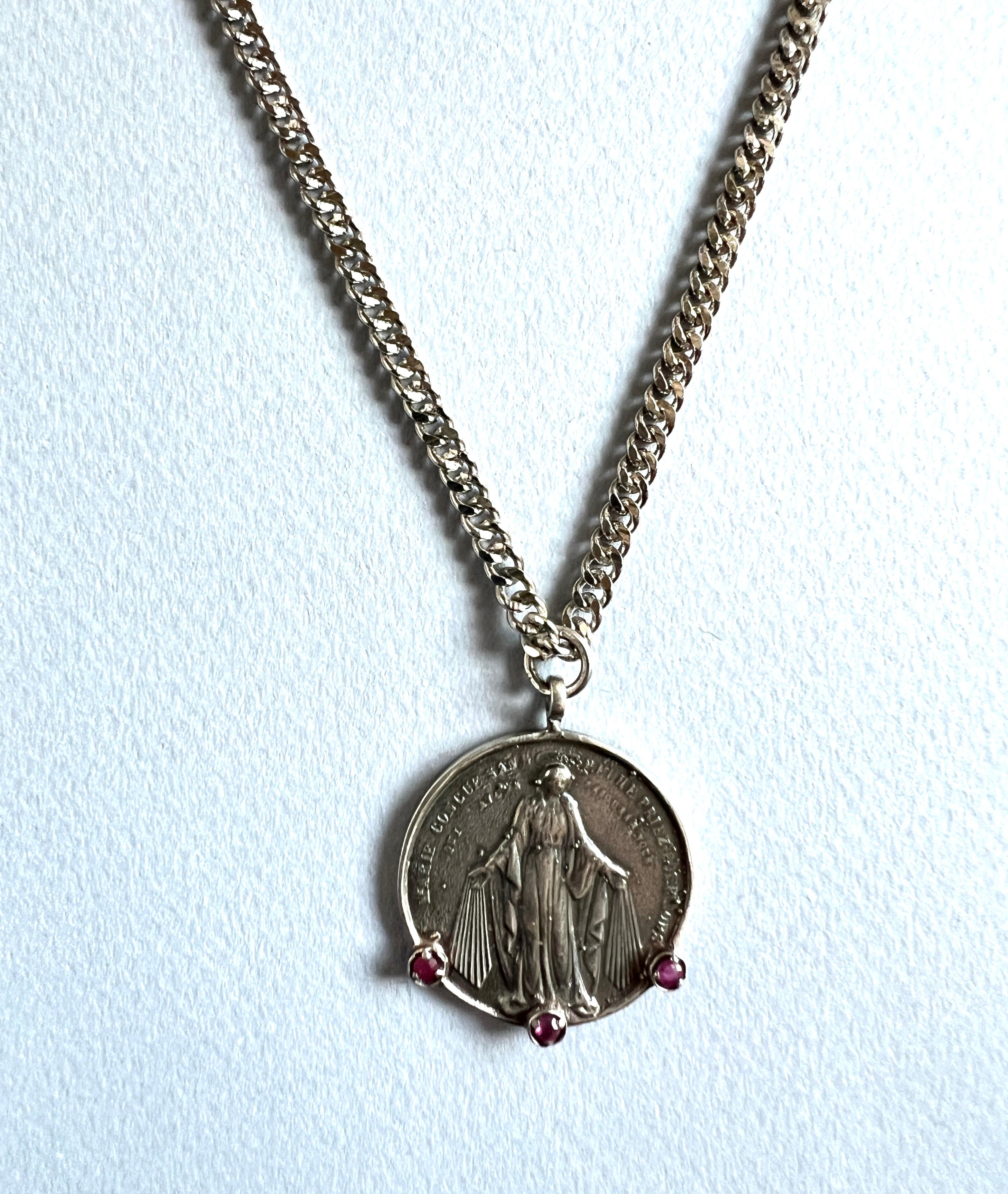 Virgin Mary Medal Chain Necklace Ruby For Sale 1
