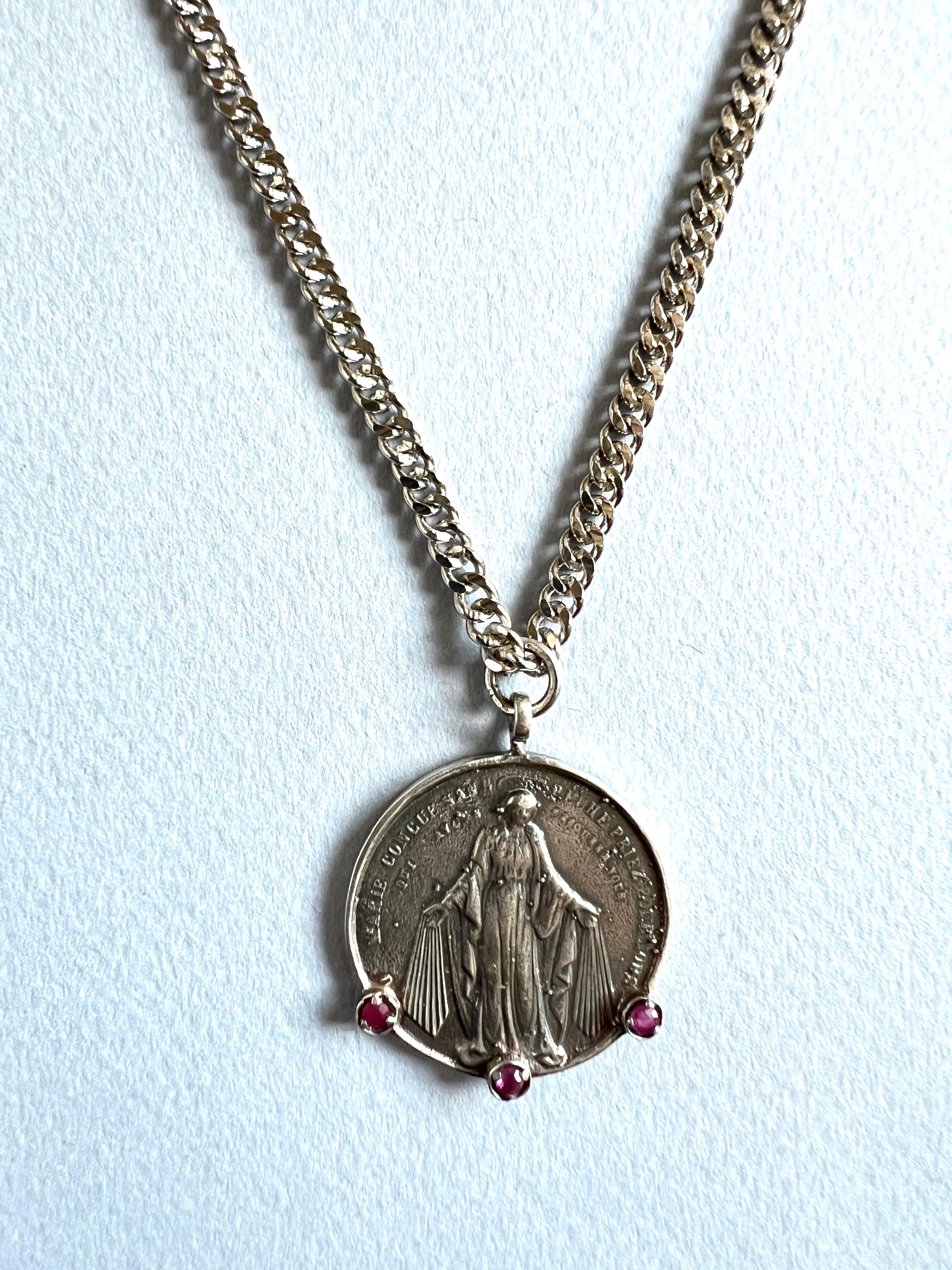 Virgin Mary Medal Chain Necklace Ruby For Sale 2