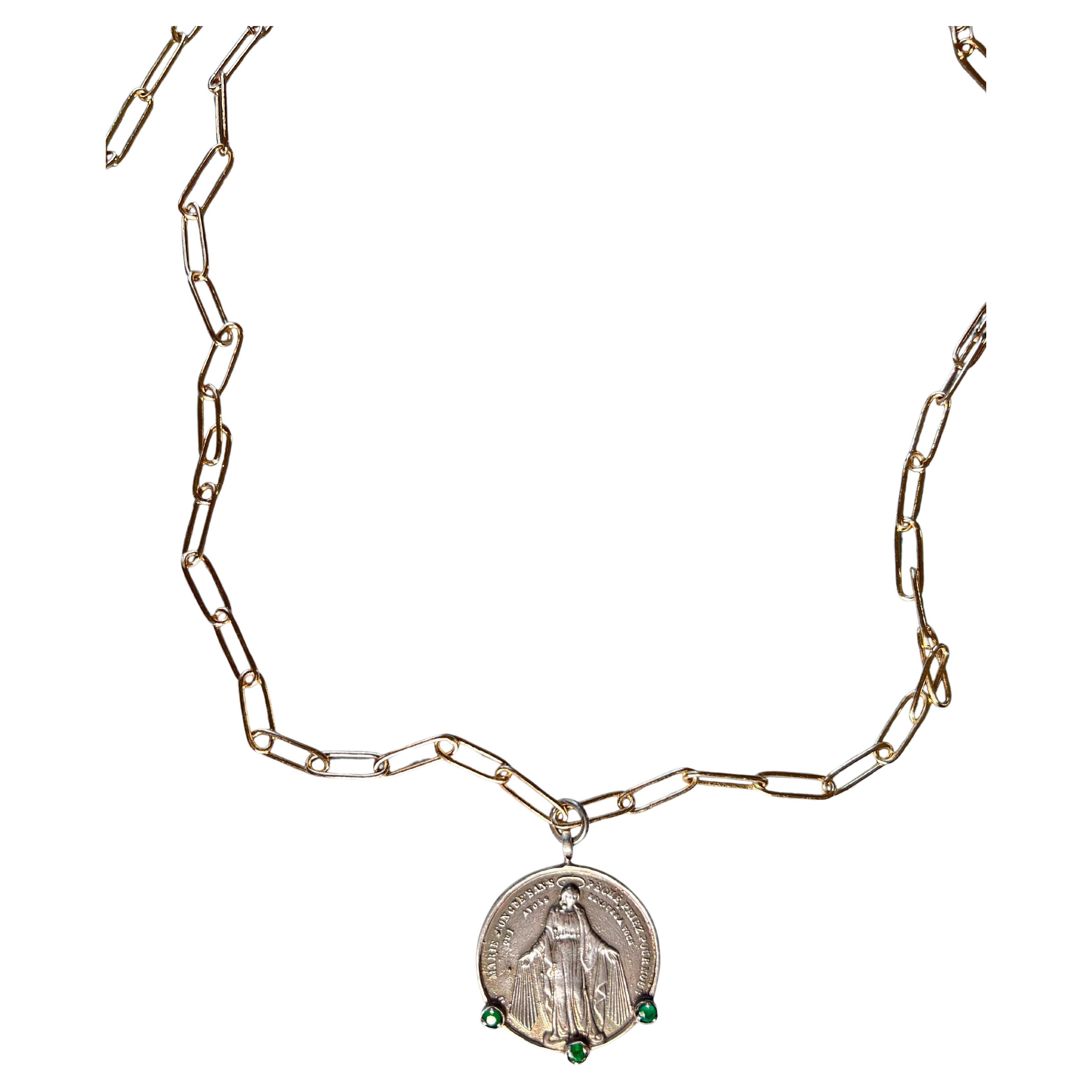 Victorian Emerald Silver Medal Chain Necklace For Sale